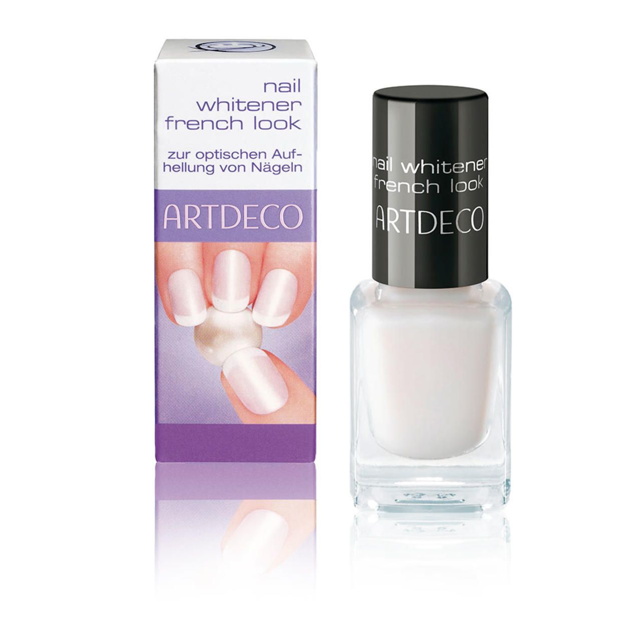Artdeco Nail Whitener French Look. Flasche und Verpackung. Weißer Nagellack, schwarzer Deckel. Aufschrift.