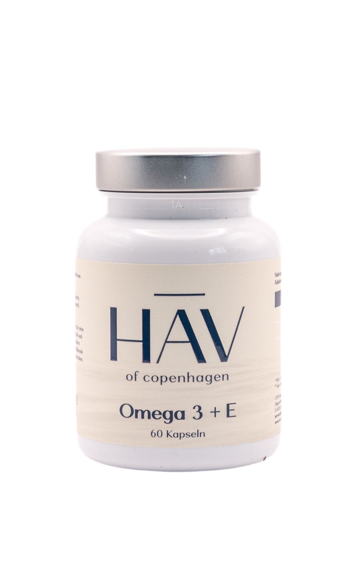 Weiße Flasche mit silbernem Deckel. Aufschrift: HAV of copenhagen, Omega 3 + E, 60 Kapseln.