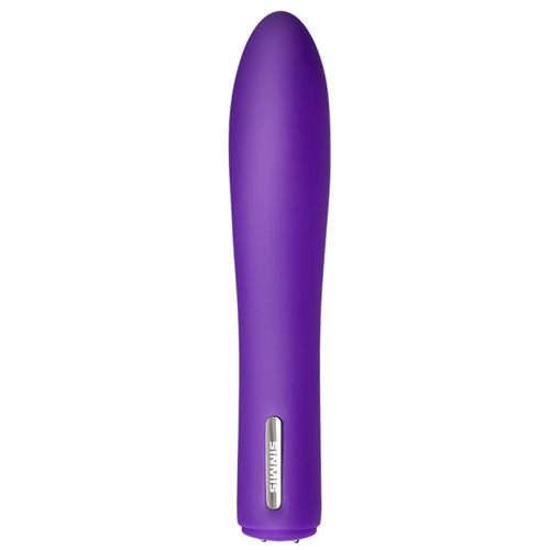 Lila Vibrator. Zylindrische Form mit abgerundeter Spitze. Silberfarbener Knopf mit Schriftzug. Unterseite mit kleinen Noppen.