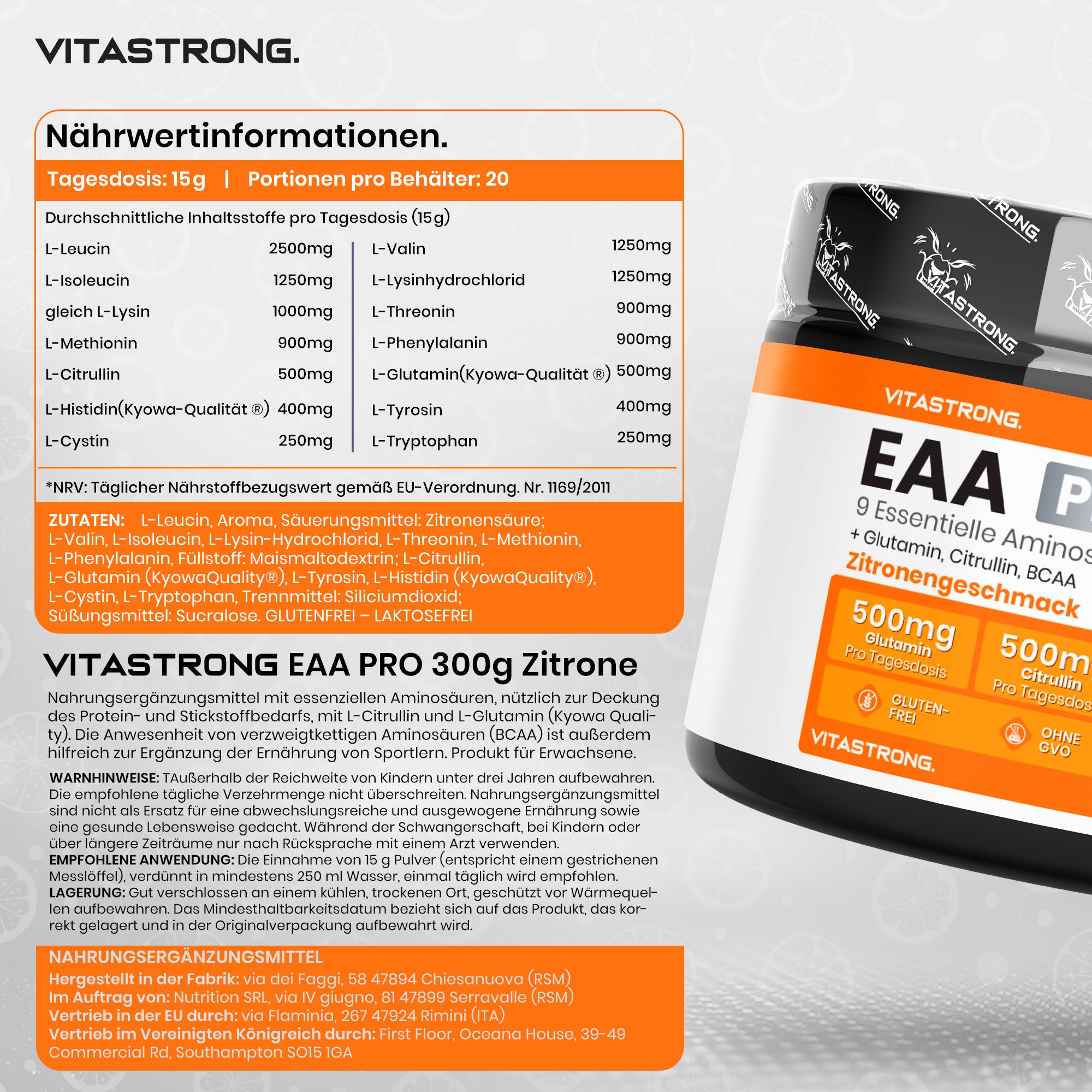 Vitastrong EAA Pro Dose, Nährwertangaben. Text: EAA PRO 300g Zitrone. 9 essentielle Aminosäuren. 15g pro Portion. Gelber Hintergrund.