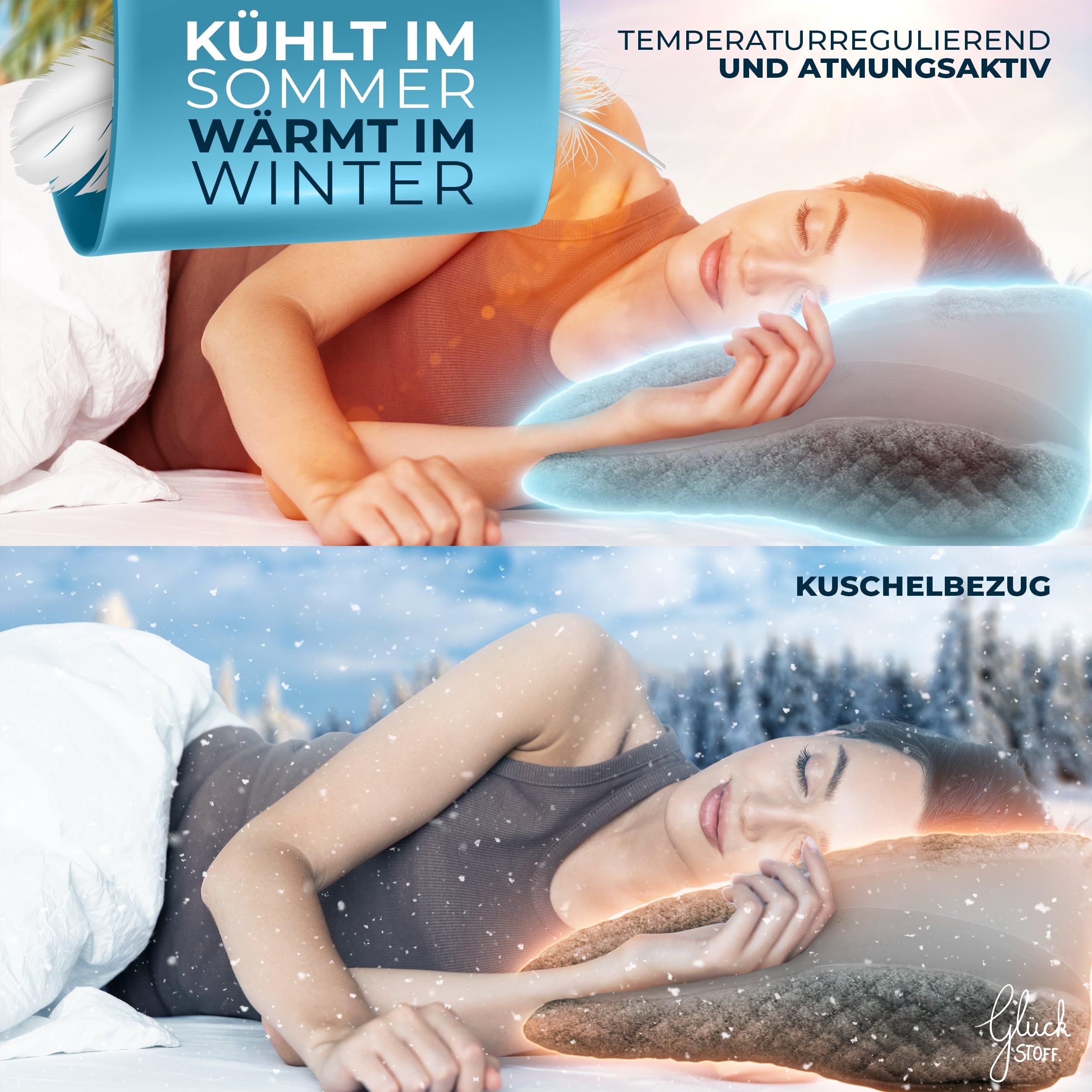 Zwei Bilder: Frau schläft auf Kissen, Sommer und Winter. Text: Kühlt im Sommer, wärmt im Winter, temperaturregulierend und atmungsaktiv, Kuschelbezug.