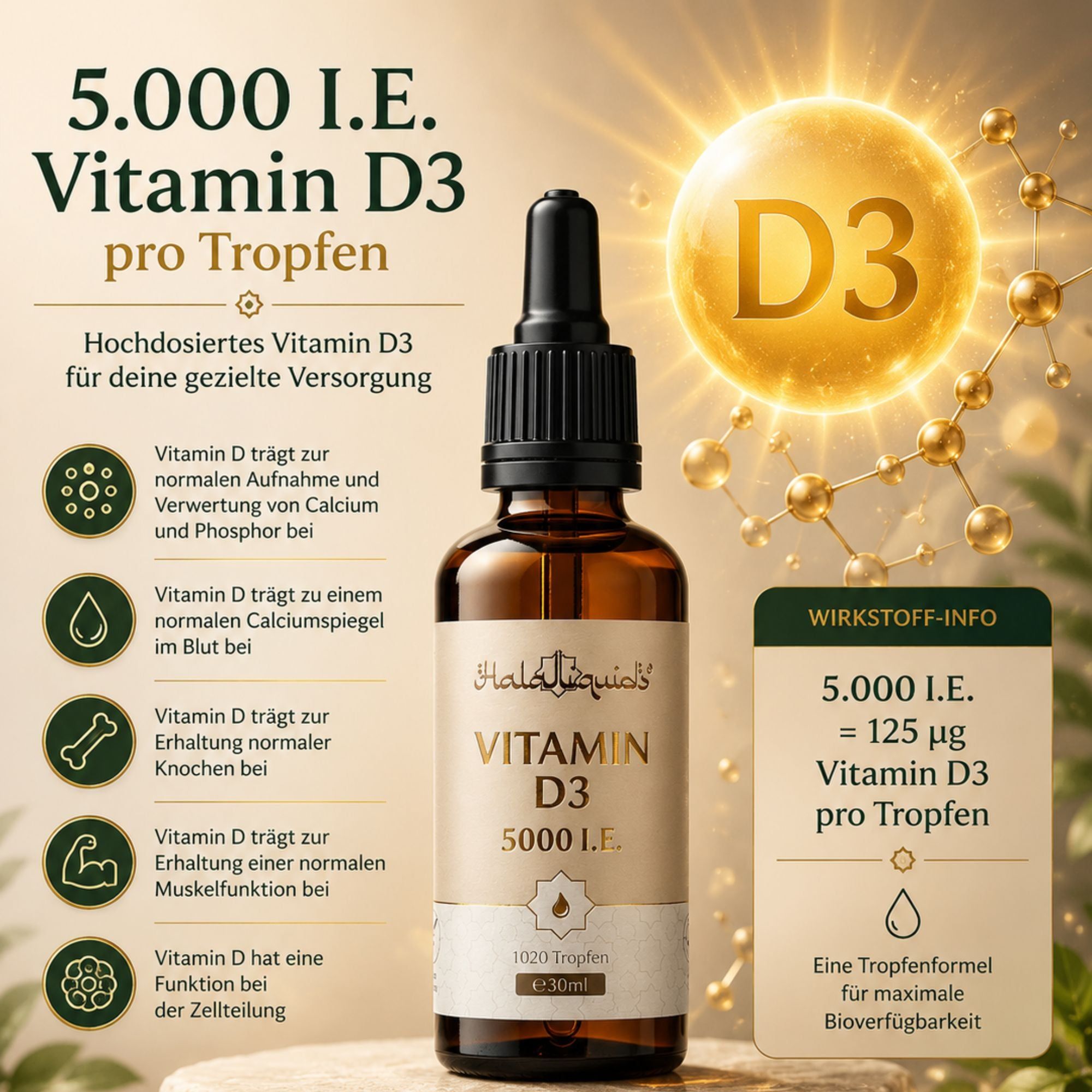 Hochdosierte Vitamin D3 Tropfen 5000 I.E. für gezielte Versorgung. Unterstützt Calciumaufnahme, Knochen, Muskeln.