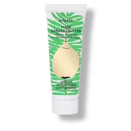 Weiße Tube mit grünem Aufdruck. Text: KORRES, Babassu Butter Maske. Abbildung einer Frucht. Aufschrift: Intense Moisturising & Nourishing.