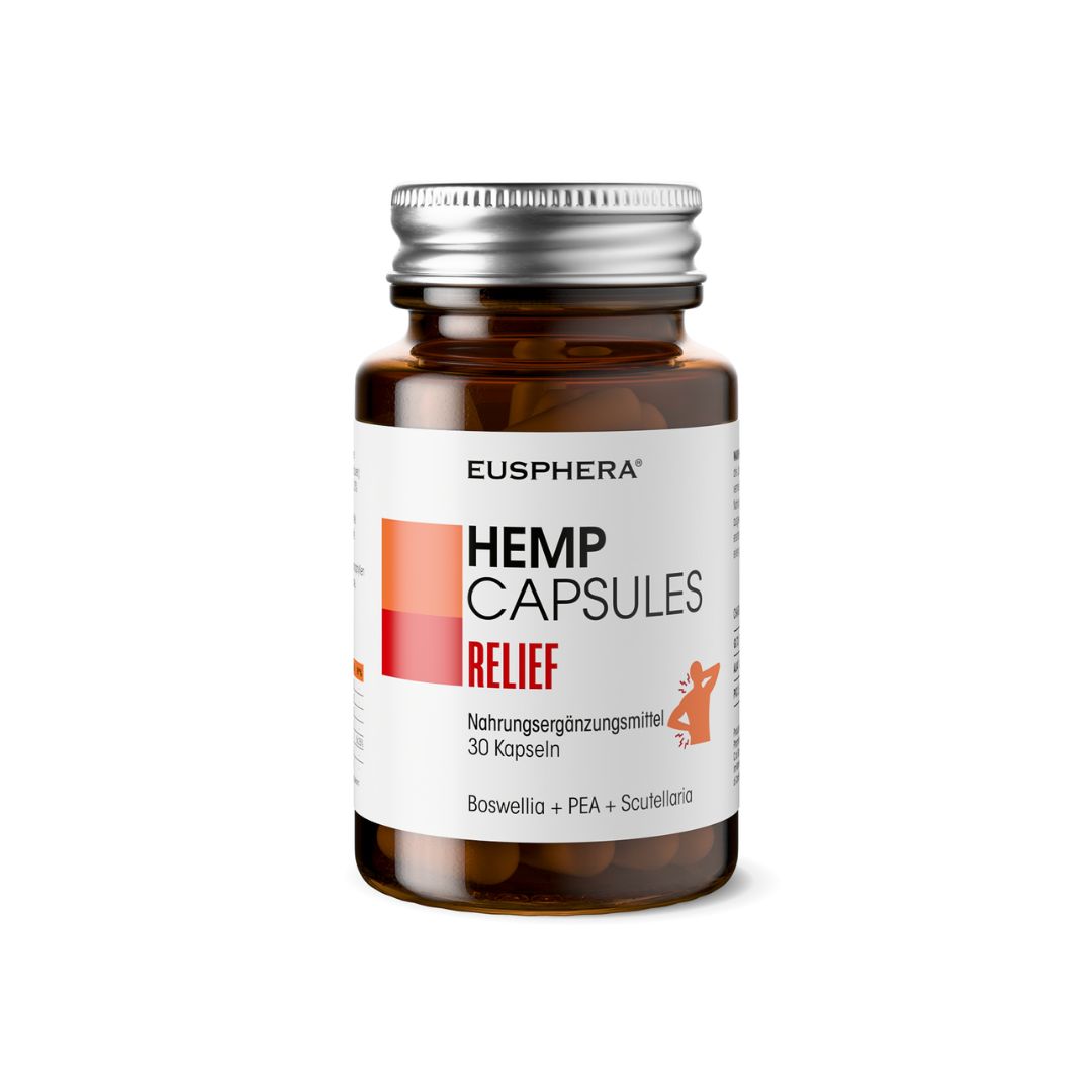 Braune Glasflasche mit Kapseln. Aufschrift: EUSPHERA HEMP CAPSULES RELIEF. 30 Kapseln.