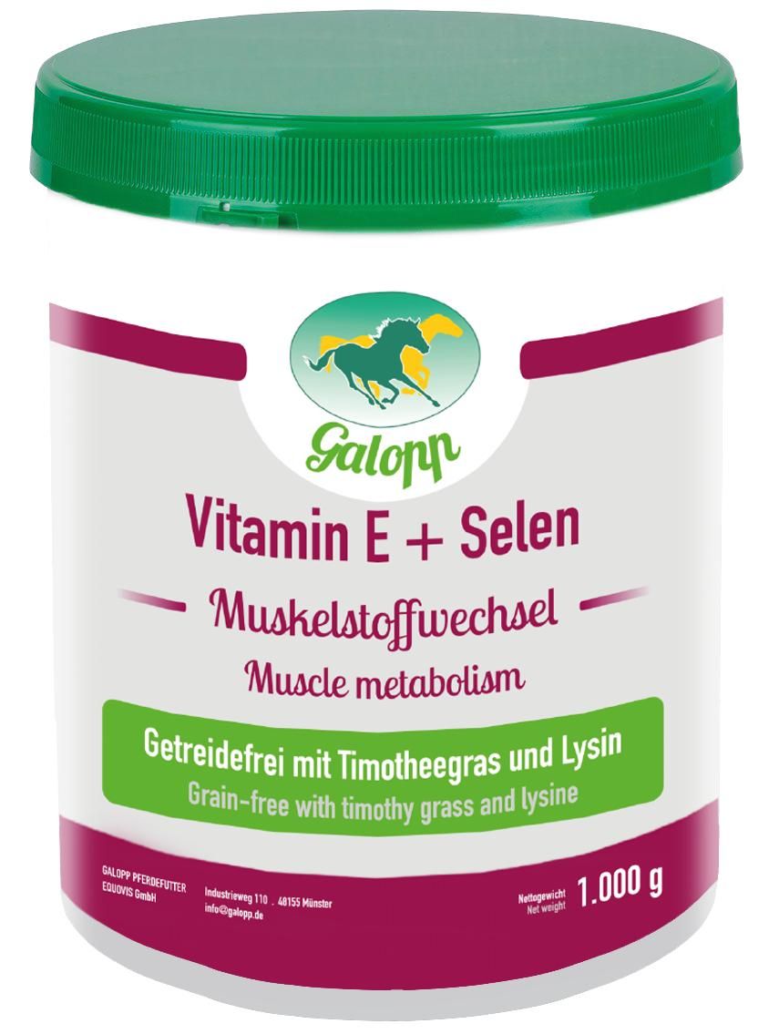 Runde Dose mit grünem Deckel. Aufschrift: Galopp Vitamin E + Selen, getreidefrei. Enthält 1.000 g.