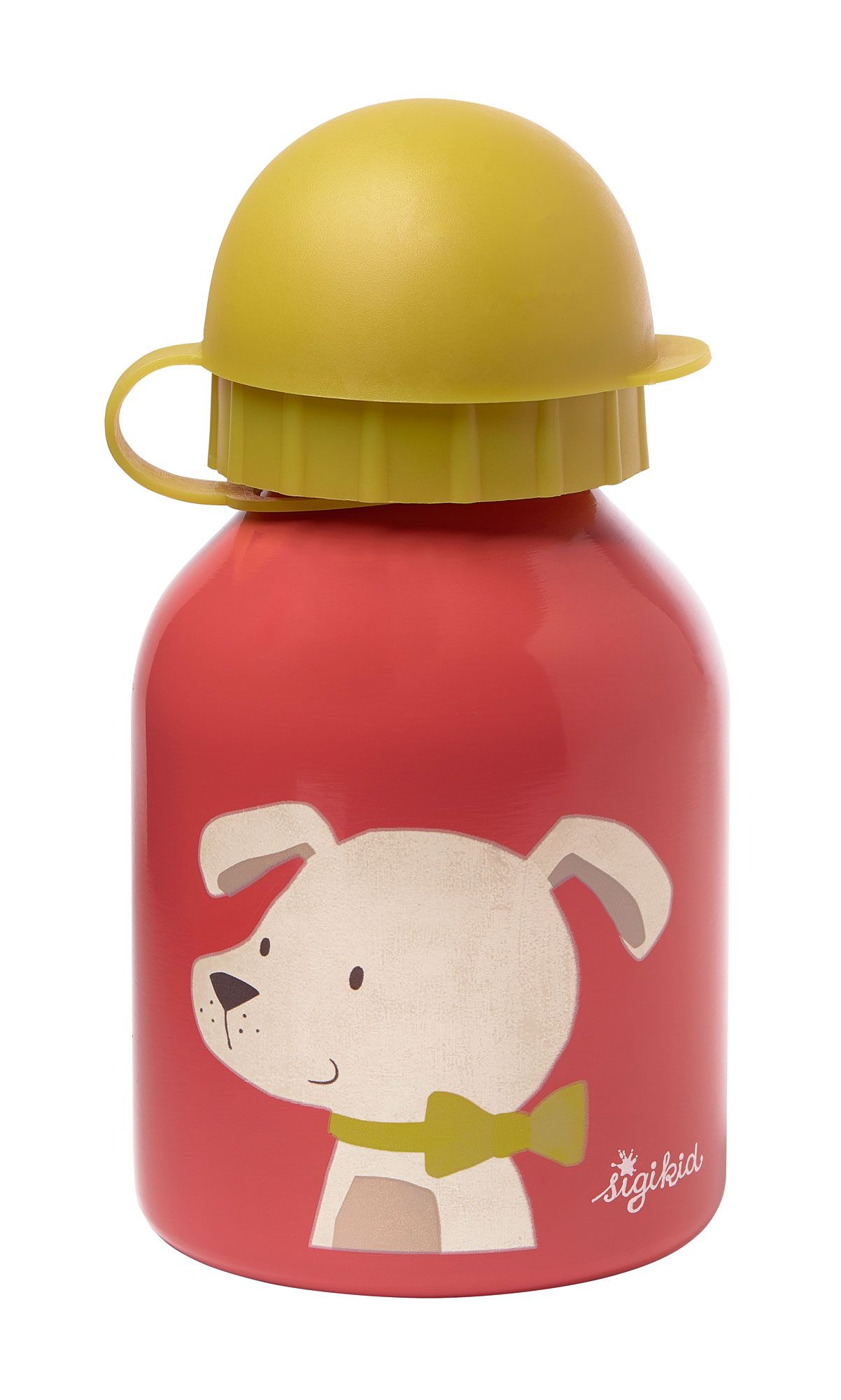 Rote Trinkflasche mit Hundemotiv und gelbem Deckel. Aufschrift: sigikid.