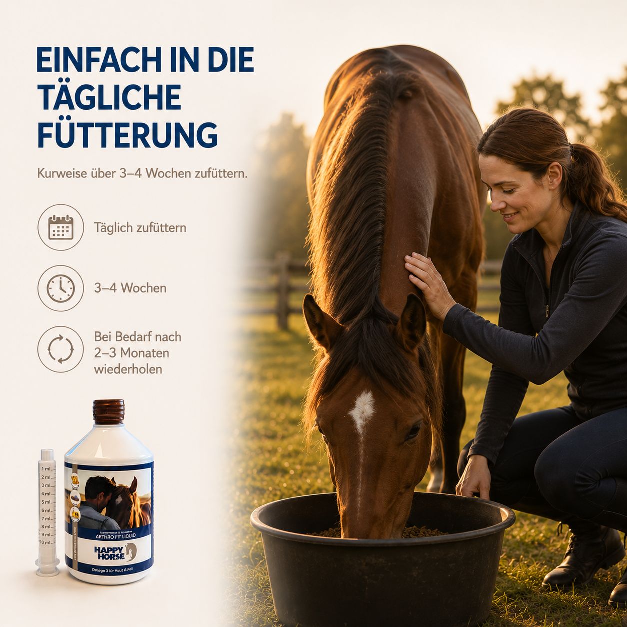 Happy Horse Arthro Fit Liquid Flasche mit Messspritze, neben einem Pferd und einer Frau bei der Fütterung.