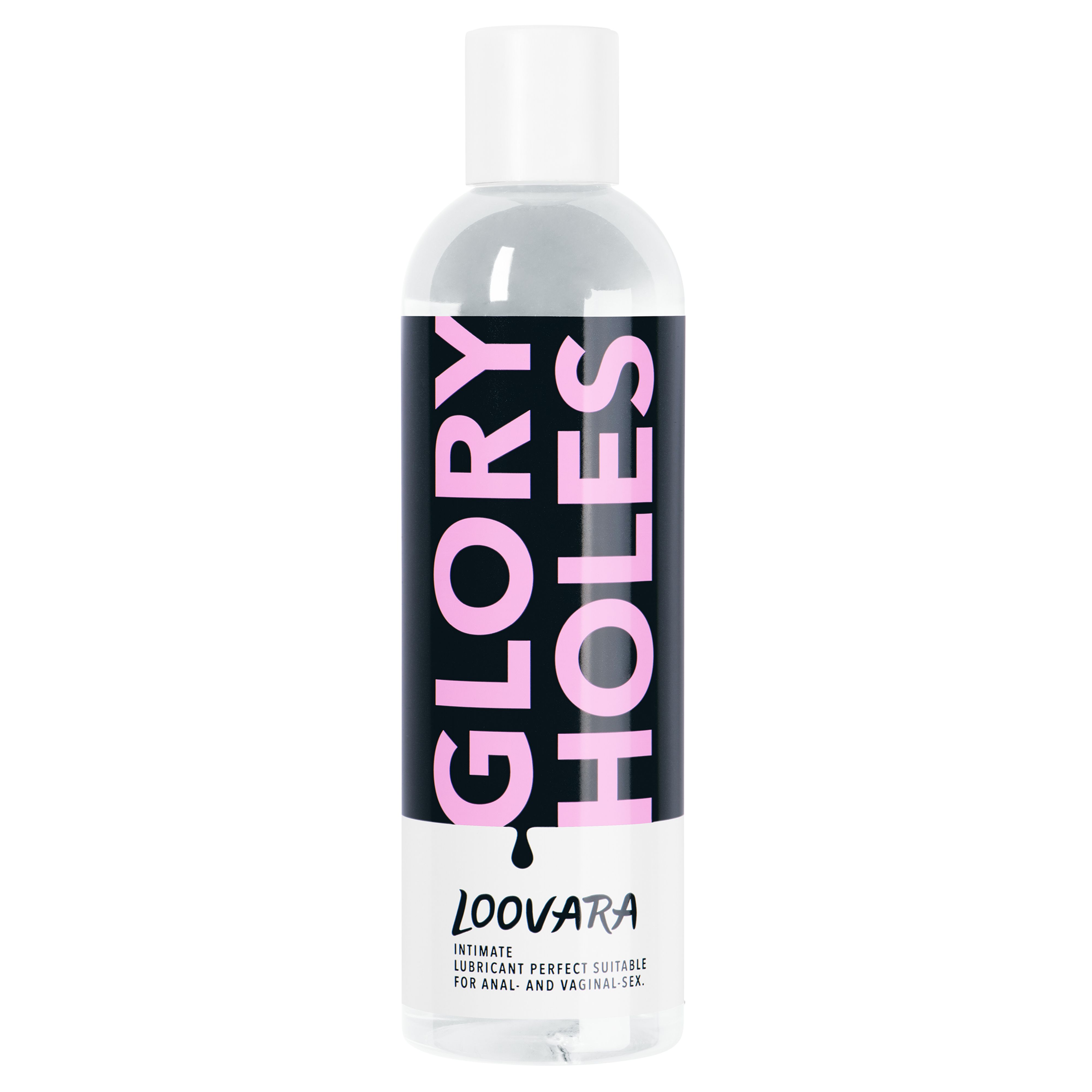 Loovara Glory Holes Gleitgel in Flasche. Schwarzer Schriftzug auf weißem Hintergrund. Intimate Lubricant Perfect Suitable for Anal and Vaginal Sex.