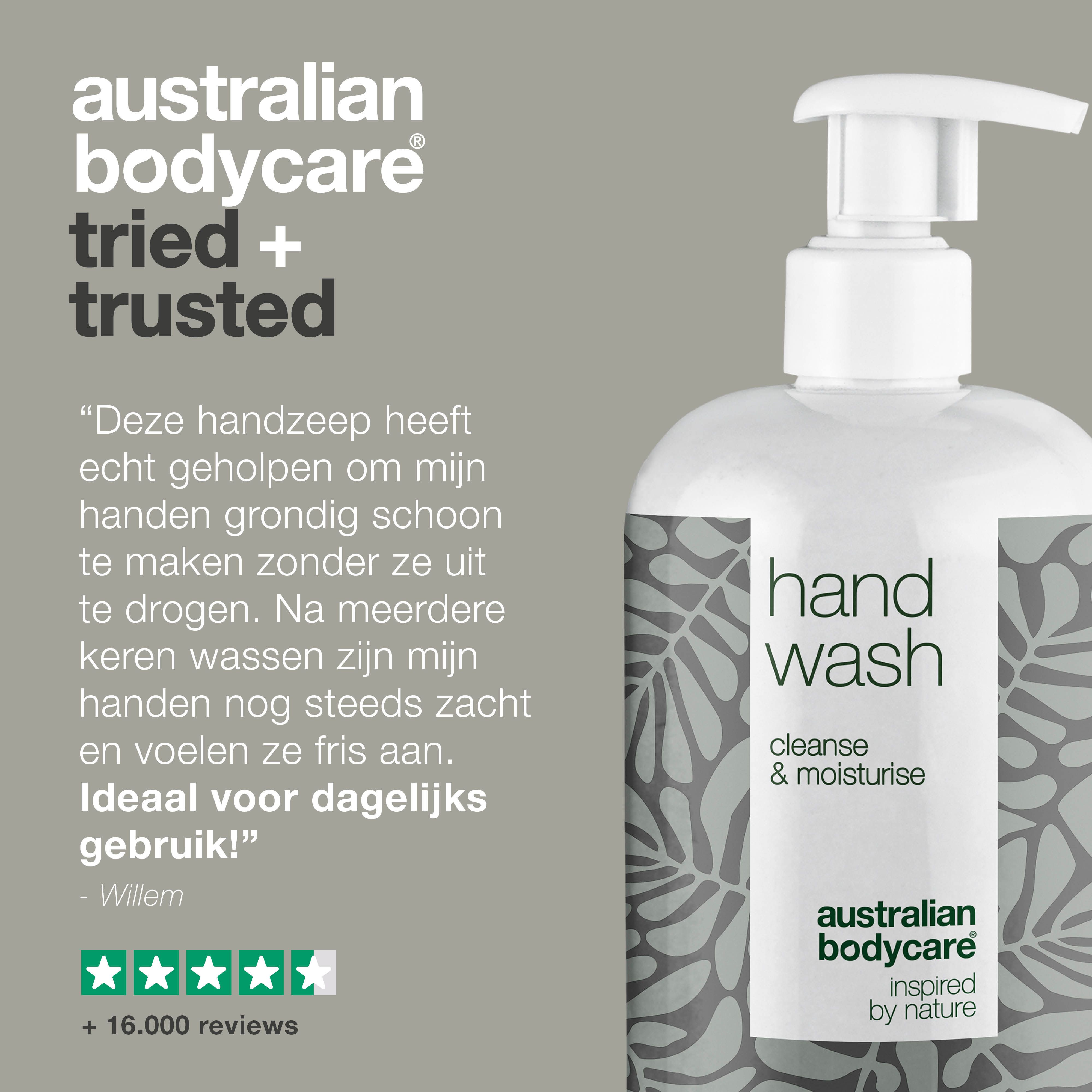 Handzependispenser. Opschrift: Hand Wash, cleanse & moisturise, Australian Bodycare. Tekst: Getest, 100% recyclebaar, etc.