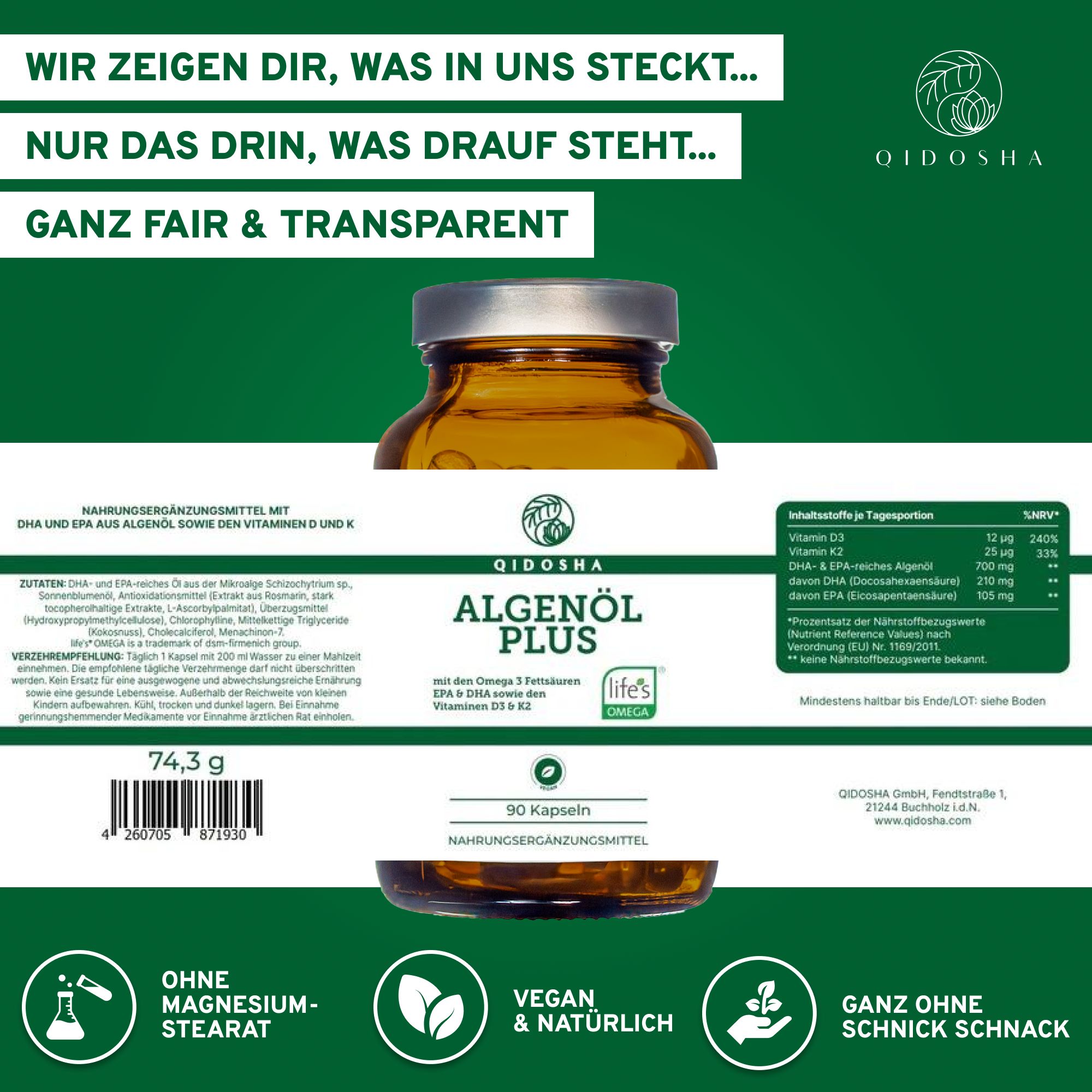 QIDOSHA Algenöl Plus: Omega 3 Fettsäuren aus veganer Quelle plus die Vitamine D & K
