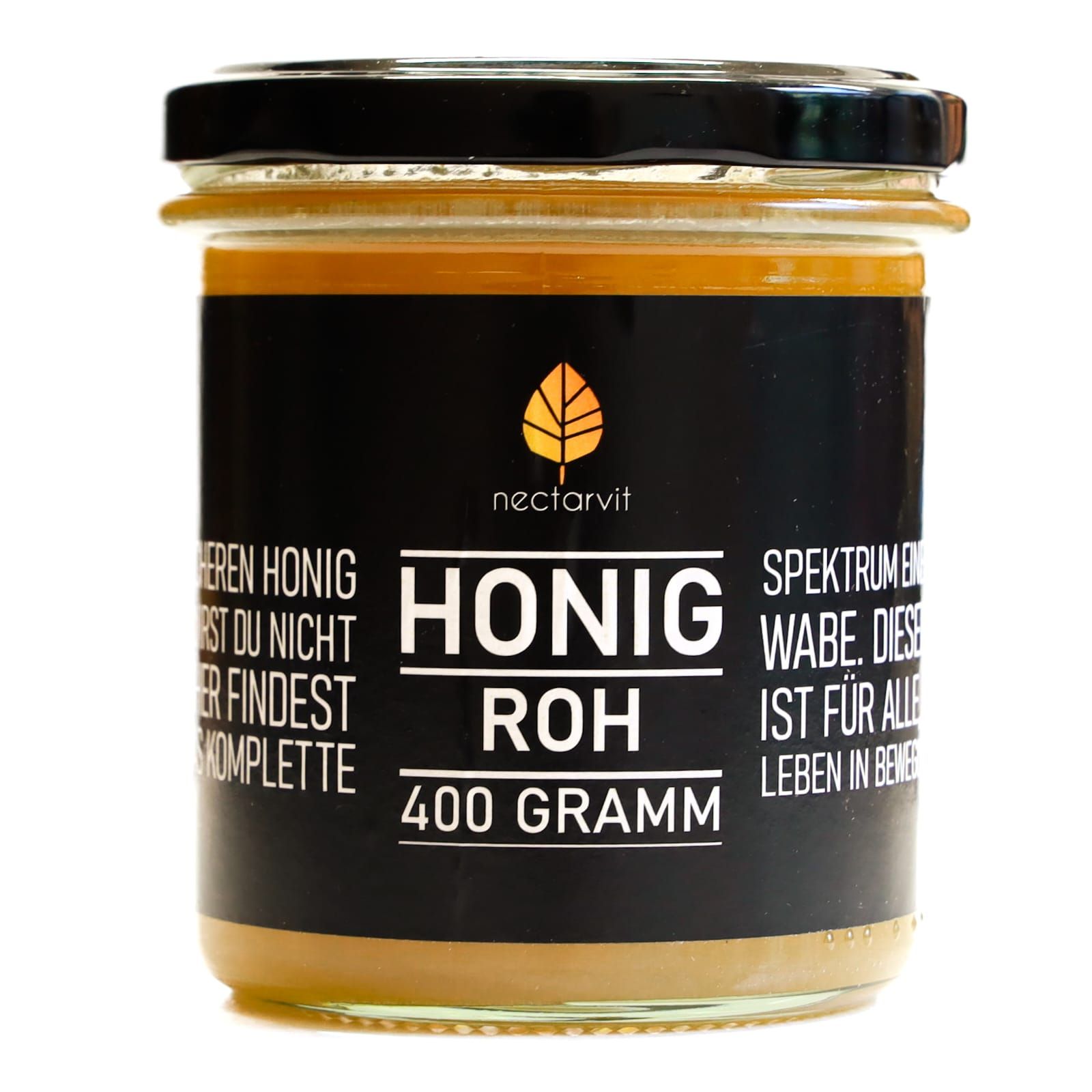 Glas Honig ROH mit schwarzem Etikett. Aufschrift: nectarvit, Honig ROH, 400 Gramm. Deckel schwarz.