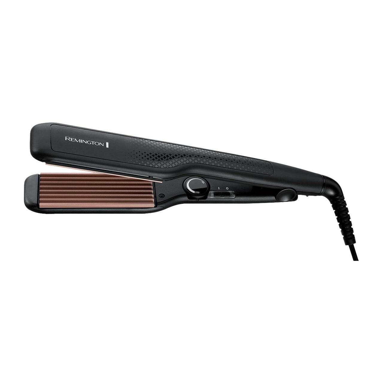 Haarcreppeise, schwarz mit braunen Heizplatten. Drehregler und Ein/Aus-Schalter. Remington-Logo.