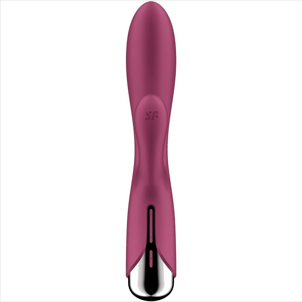 Burgunderfarbener Vibrator mit silberfarbener Basis. SF-Logo.