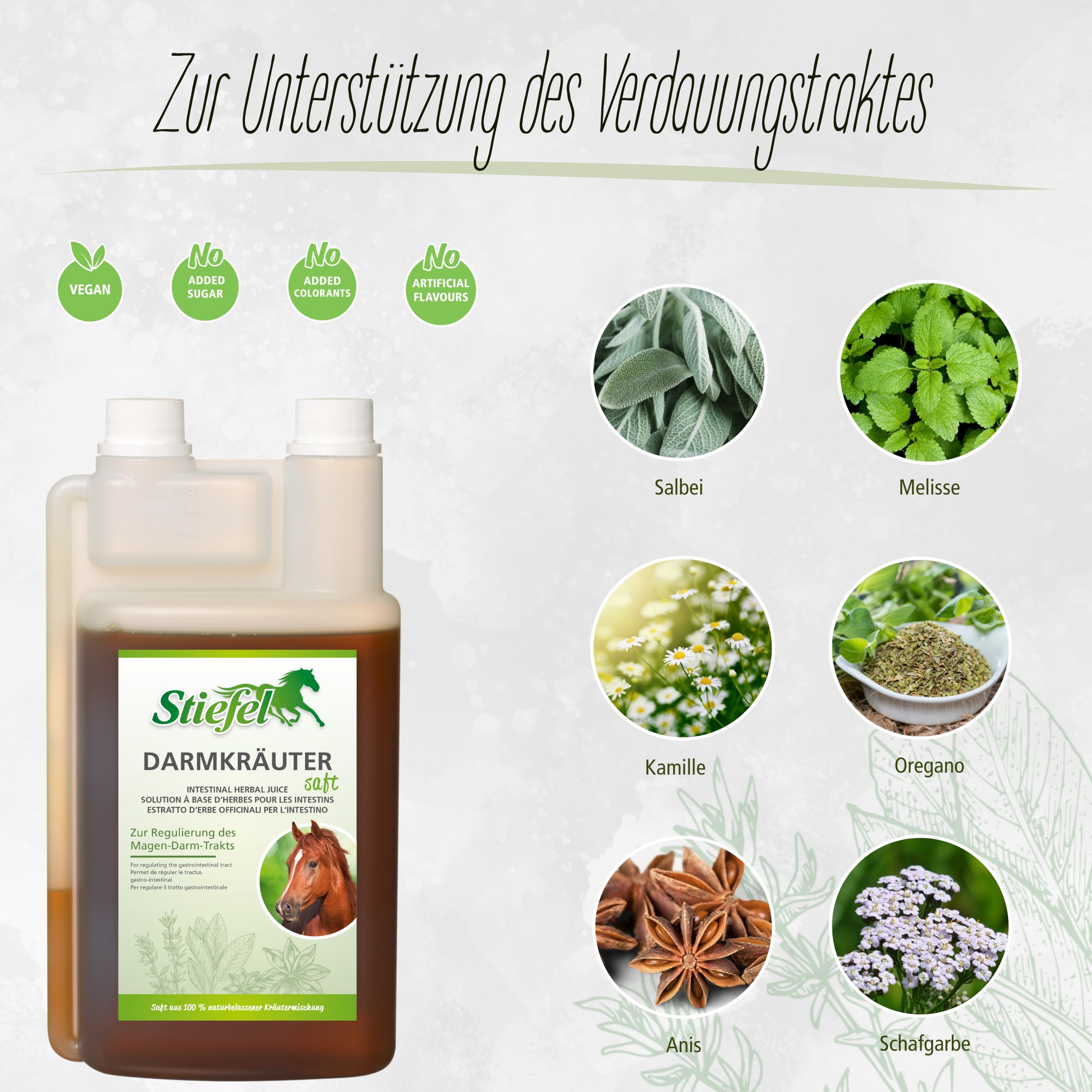 Braune Flüssigkeit in einer Flasche mit weißem Deckel. Aufschrift: Stiefel Darmkräutersaft. Abbildungen von Kräutern.