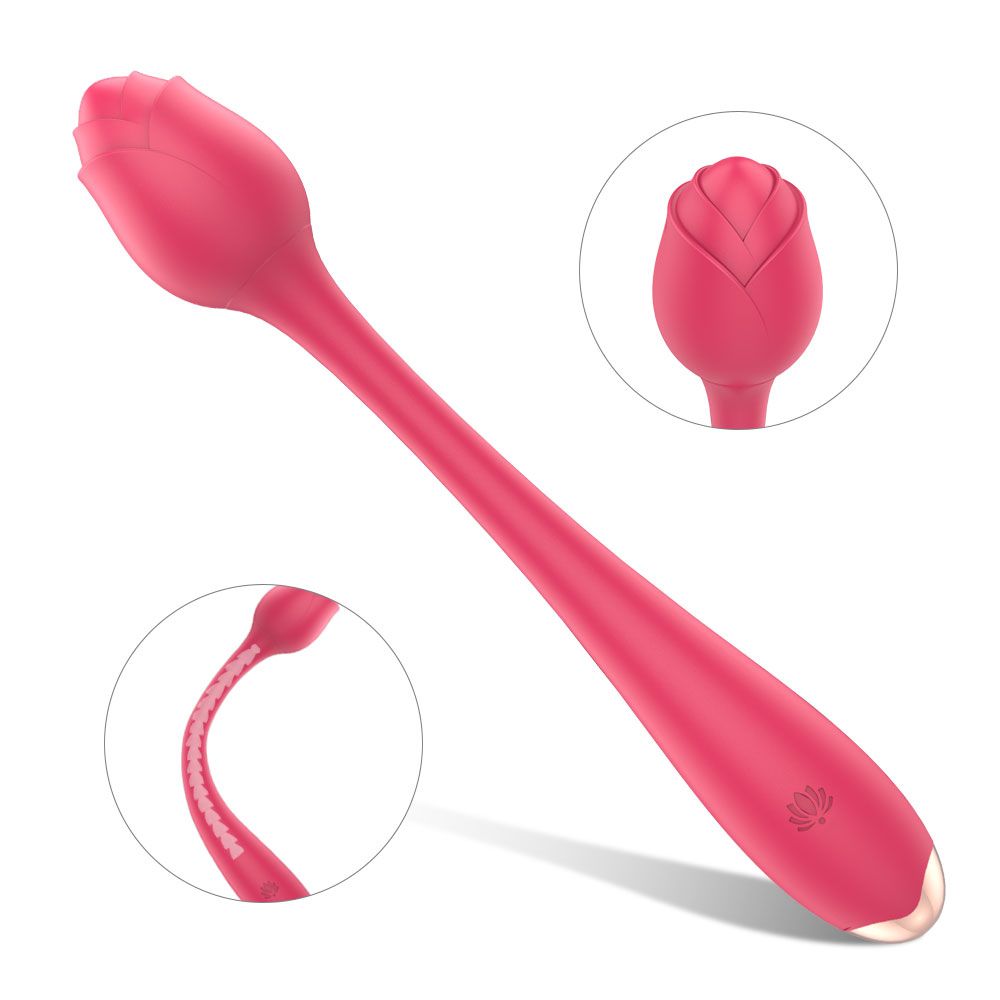 Rosa Vibrator in Tulpenform. Goldfarbene Akzente. Lotus-Logo. Zusätzliche Detailansichten. Gezeigt: gebogene Form und Kopfansicht.