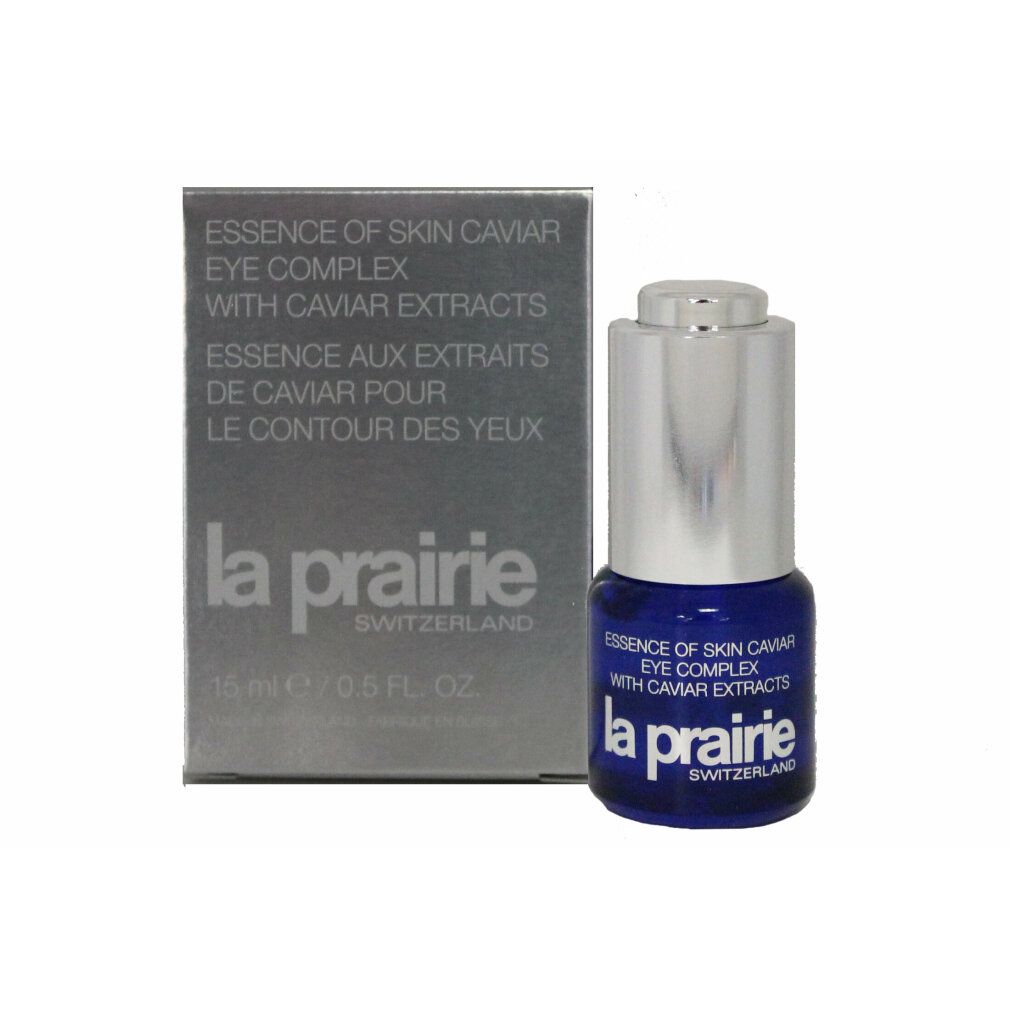 Blaues Fläschchen mit silberfarbenem Deckel und weißer Verpackung. Aufschrift: Essence of Skin Caviar Eye Complex, La Prairie.