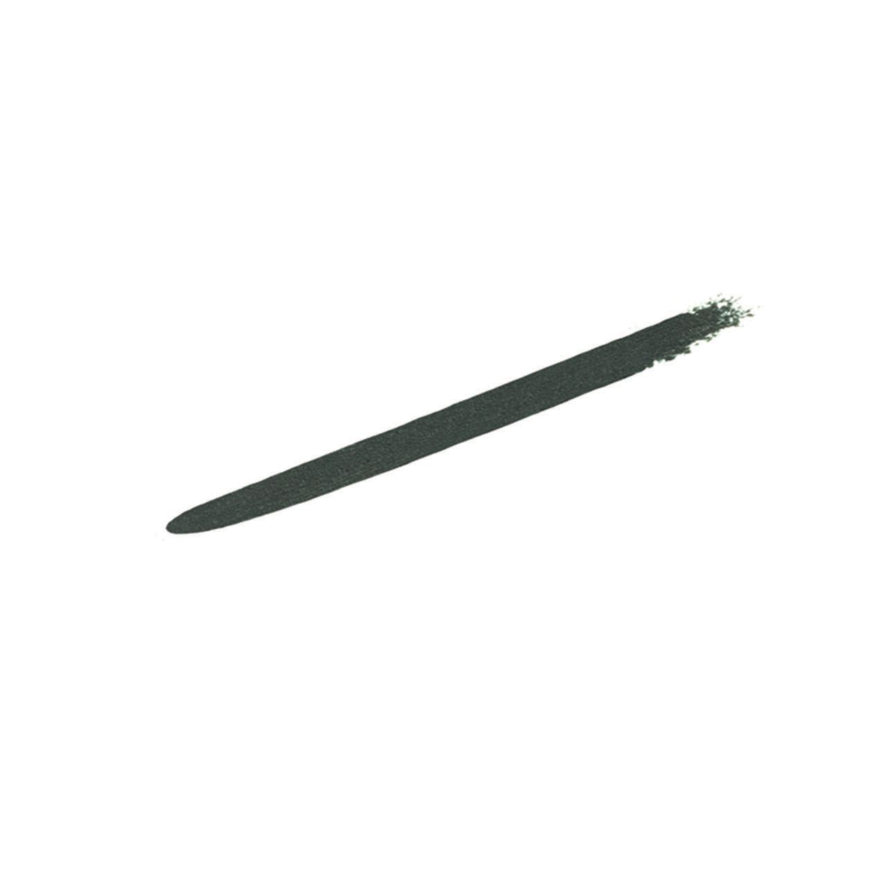 Grüner Kajalstrich auf weißem Hintergrund. Spitze des Stifts sichtbar. Textur und Farbe des Produkts.