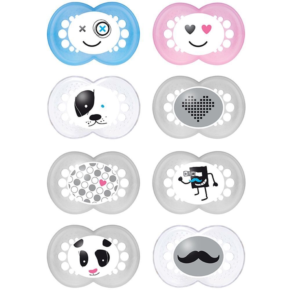 Acht MAM Schnuller mit verschiedenen Motiven. Verschiedene Farben und Designs. BPA-frei.