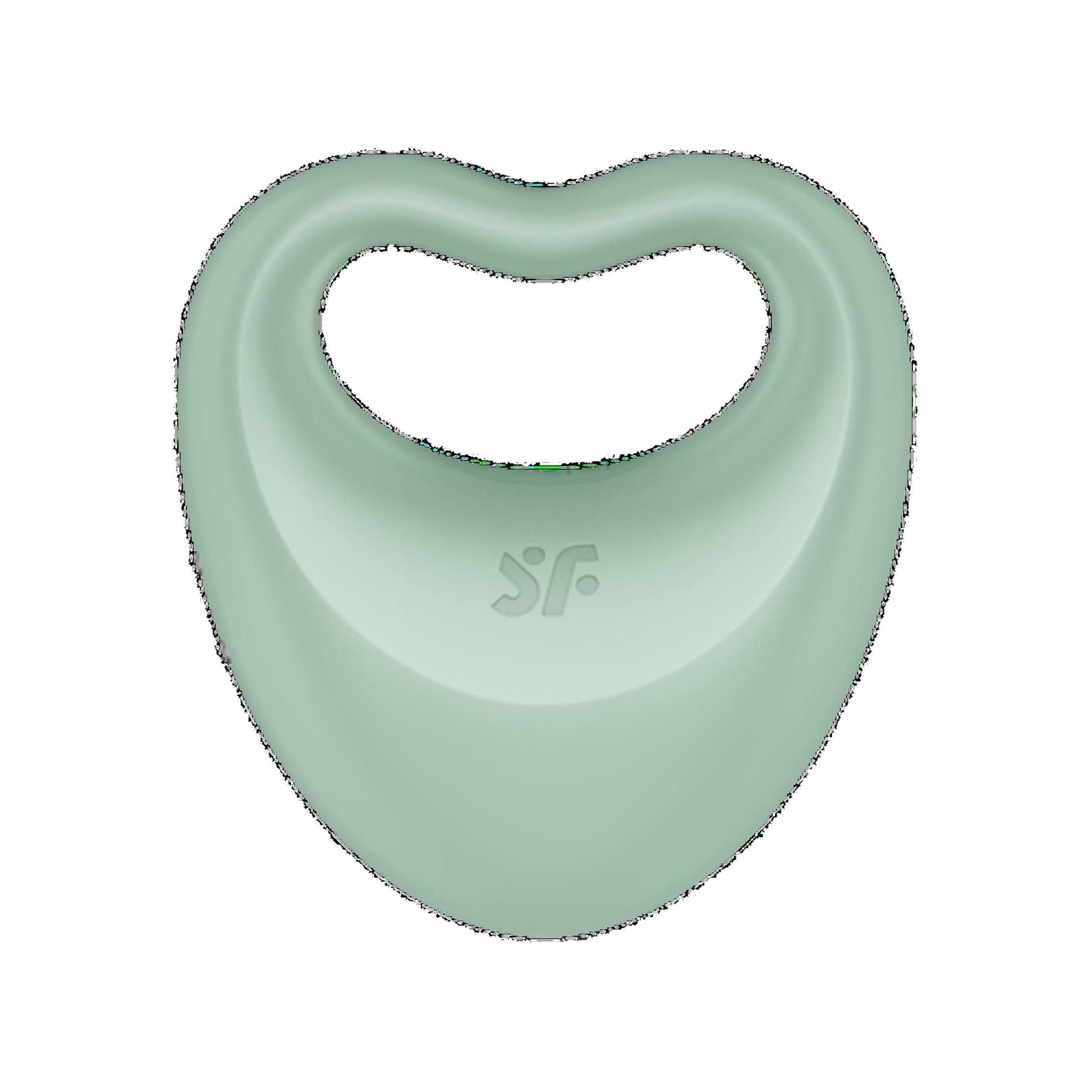 Hellgrünes, herzförmiges Produkt mit Griff. Oberseite mit JS-Logo. Glatte Oberfläche.