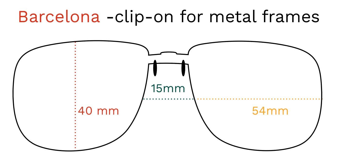 Skizze der Clip-on-Sonnenbrille. Maße: 40mm, 15mm, 54mm. Text: Barcelona - Clip-on für Metallfassungen.