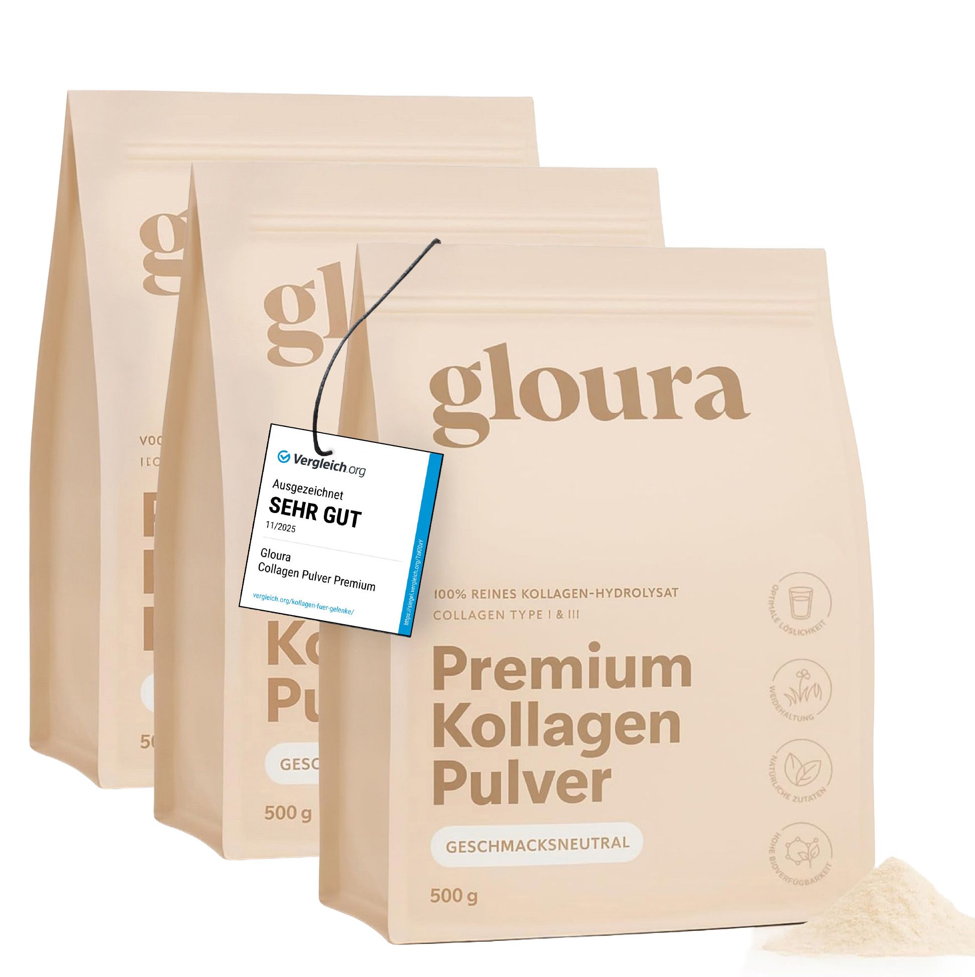 Drei Packungen "Gloura Premium Kollagen Pulver". Anhänger mit Bewertung "SEHR GUT".