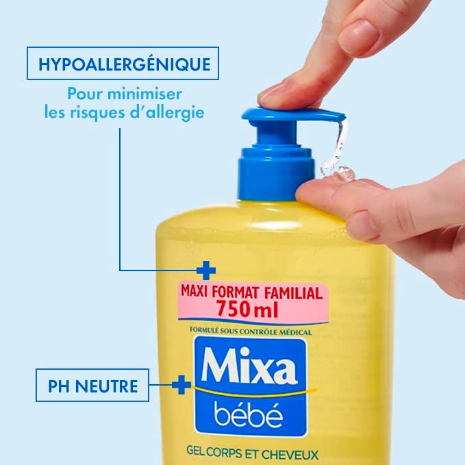 Gel Corps et Cheveux 2-in-1, gelbe Flasche mit blauem Pumpverschluss. Text: Maxi-Format familial 750ml, Mixa Bébé. pH-neutral, hypoallergen.
