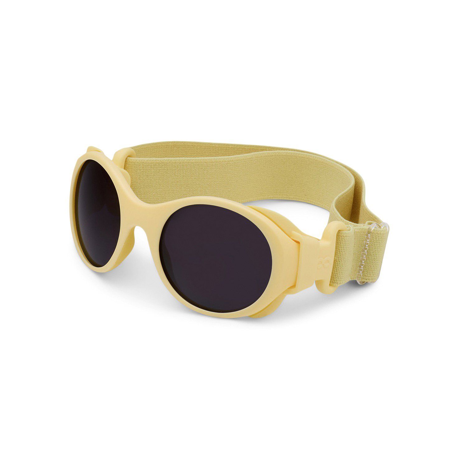 Gelbe Sonnenbrille mit Band für Kinder. Runde Gläser mit dunklen Gläsern. Seitenansicht.