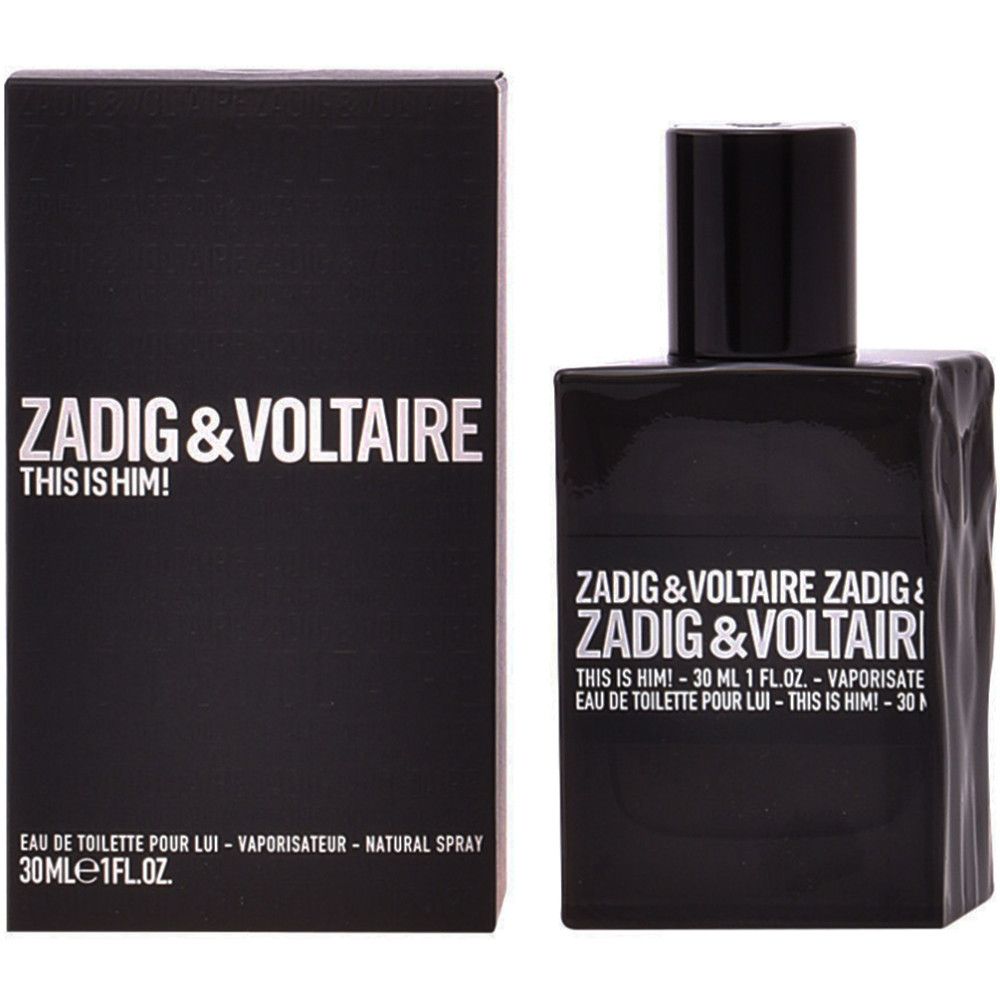 Schwarzer Flakon und Box. Aufschrift: ZADIG & VOLTAIRE THIS IS HIM! Eau de Toilette. 30 ml.