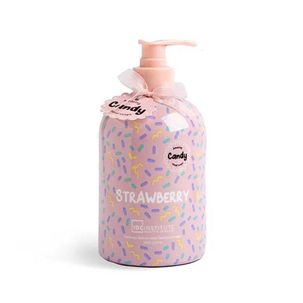 Rosa Seifenflasche mit Streuselmuster. Aufschrift "Strawberry" und "Candy". Marke: IDC INSTITUTE.
