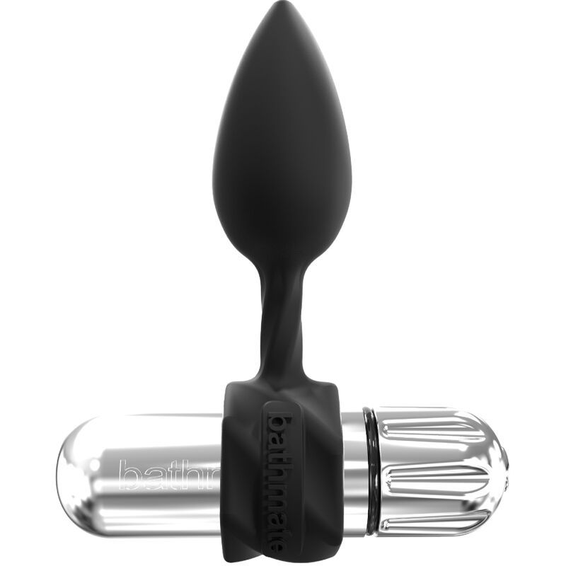 Schwarzer Analplug mit tropfenförmigem Kopf und Vibrator. Silberfarbener Vibrator mit Produktnamen.