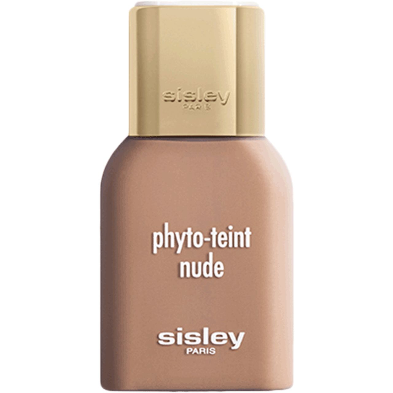 Sisley Phyto-Teint Nude. Flasche mit beigefarbener Flüssigkeit, goldfarbener Deckel. Schriftzug: Sisley Paris, Phyto-Teint Nude.