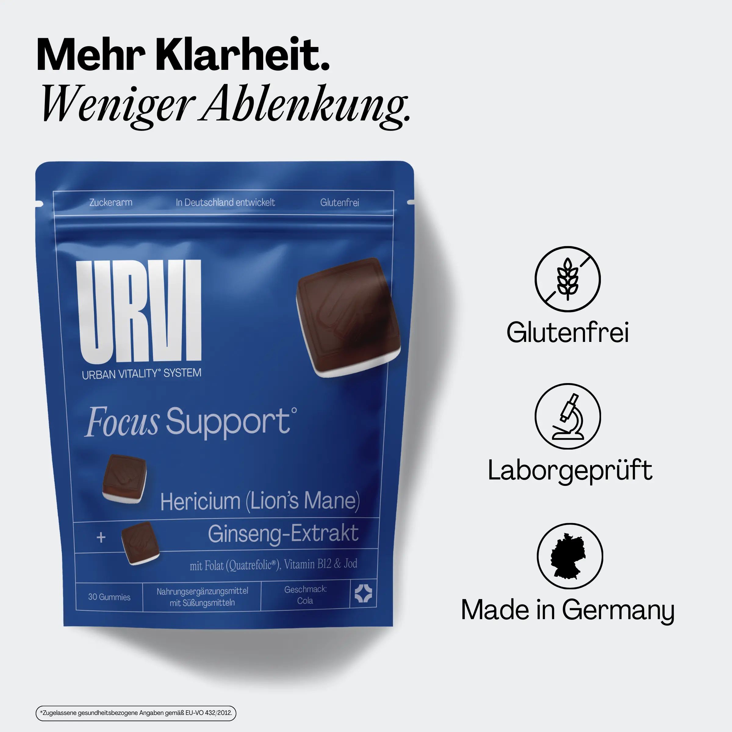 Blaue Verpackung mit Produktnamen URVI Focus Support. Enthält Gummibärchen und Produktinformationen. Glutenfrei, Laborgeprüft, Made in Germany.
