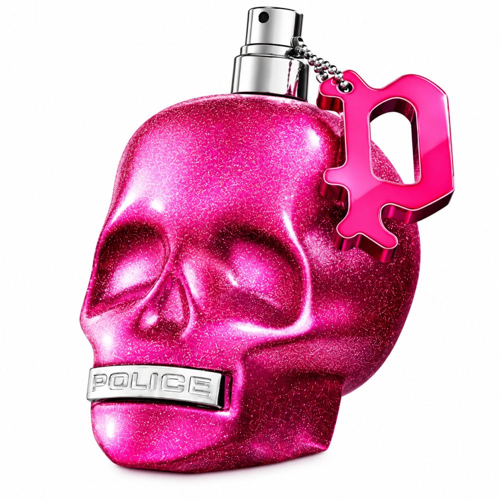 Glitzernde pinke Totenkopf-Parfümflasche mit passender Schachtel. "Sweet Girl" Aufschrift.
