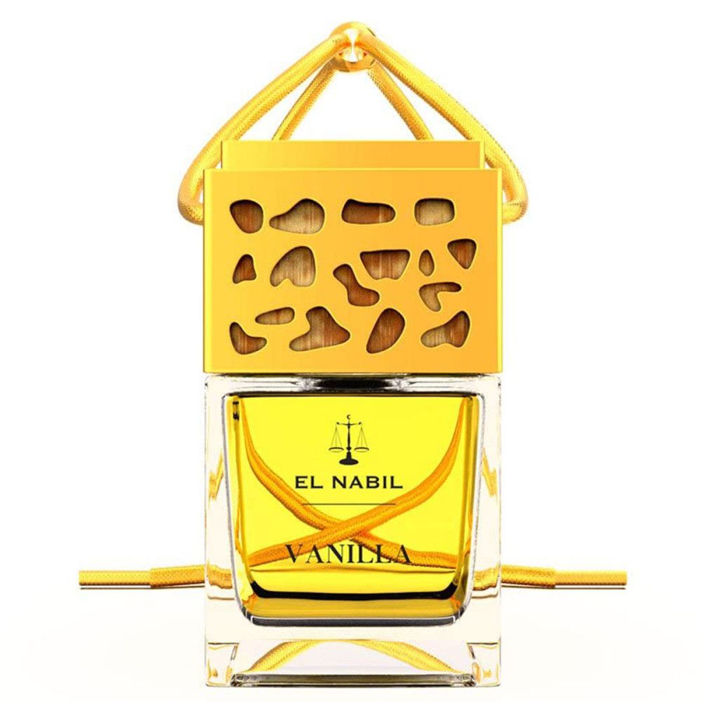 Quadratischer Flakon mit gelber Flüssigkeit. Oben gelber Deckel mit Aussparungen. Aufschrift: EL NABIL VANILLA.