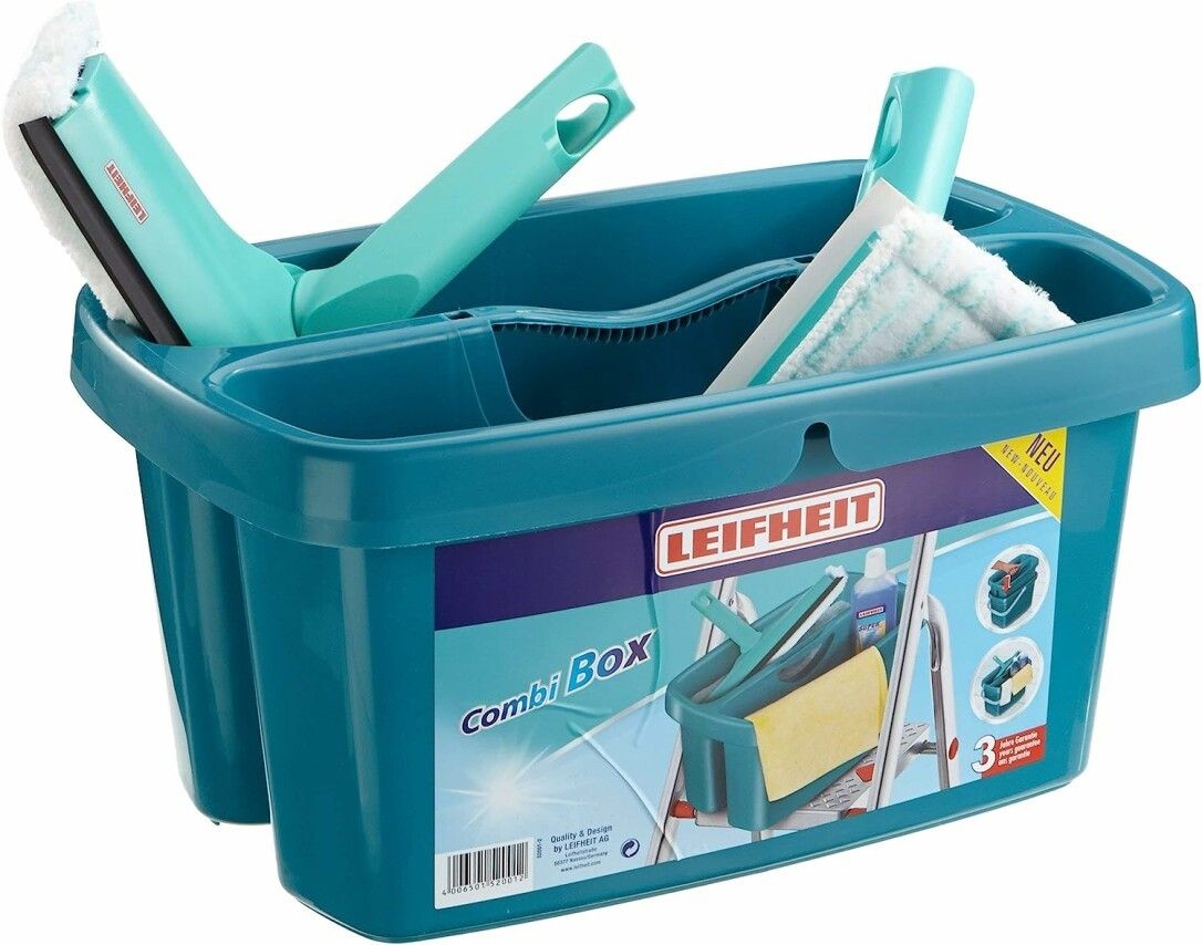 Türkisgrüne Putzbox mit Zubehör. Enthält Wischer, Abzieher und Schwamm. Leifheit-Logo sichtbar. "Neu"-Aufkleber.