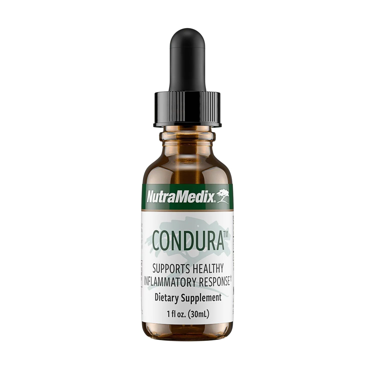 Braune Glasflasche mit Pipettenverschluss. Etikett zeigt 'NutraMedix CONDURA' und 'Supports Healthy Inflammatory Response'.