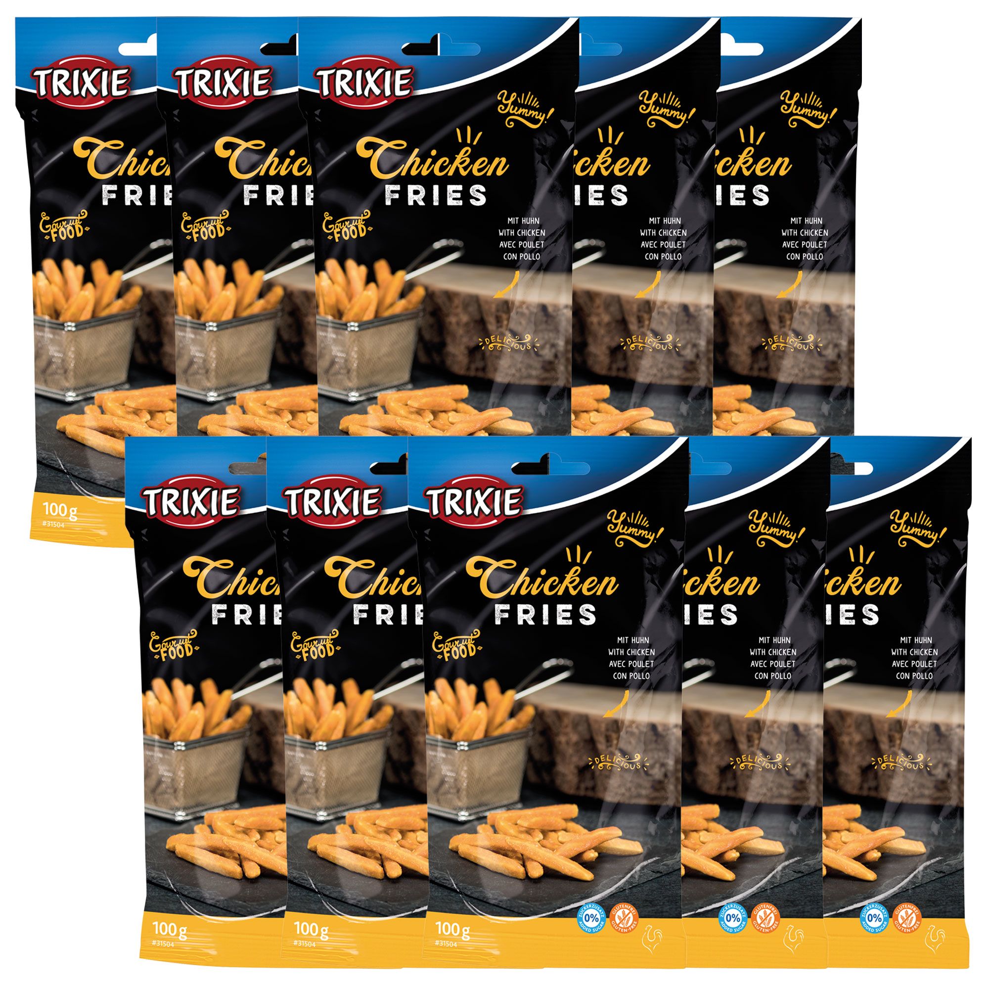 Mehrere Packungen mit Snacks. Aufschrift 'TRIXIE Chicken Fries'. Abbildung der Snacks in einem Korb und auf einer Platte.