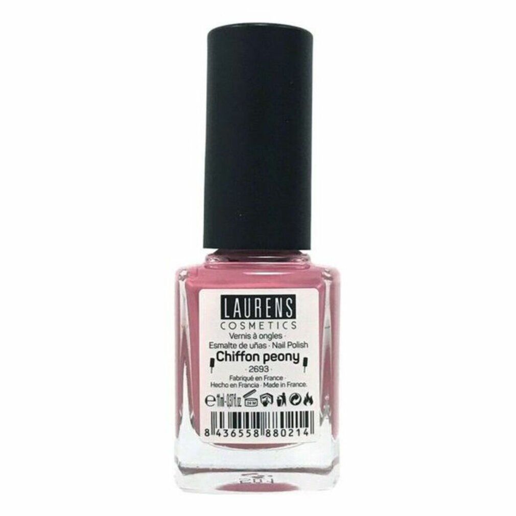 Nagellackflasche mit rosa Inhalt und schwarzem Deckel. Aufschrift: Laurens Cosmetics. Produktname: Chiffon peony. Hergestellt in Frankreich.