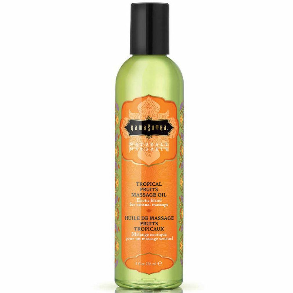 Grüne Flasche mit schwarzem Deckel. Aufkleber mit Schriftzug Kama Sutra, Tropical Fruits Massage Oil. Orangefarbenes Etikett.
