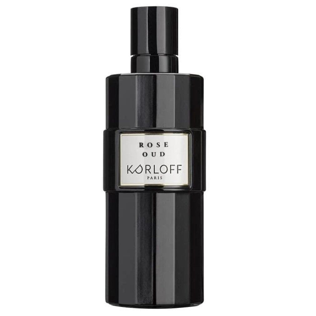 Schwarze Flasche mit weißem Etikett. Aufschrift: Rose Oud, KORLOFF PARIS. Schwarzer Verschluss.