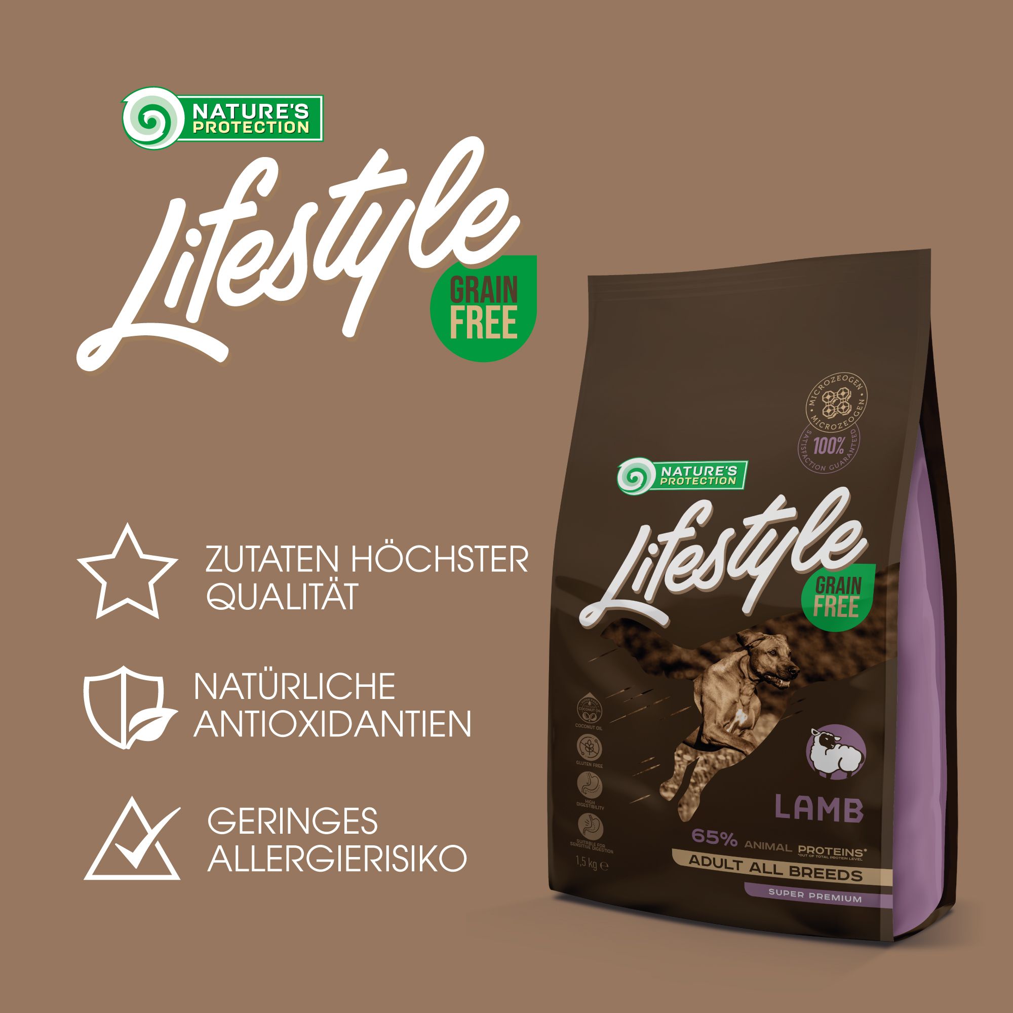Brauner Hintergrund mit Text und Produktabbildung. Text: Zutaten höchster Qualität, Natürliche Antioxidantien, Geringes Allergierisiko.