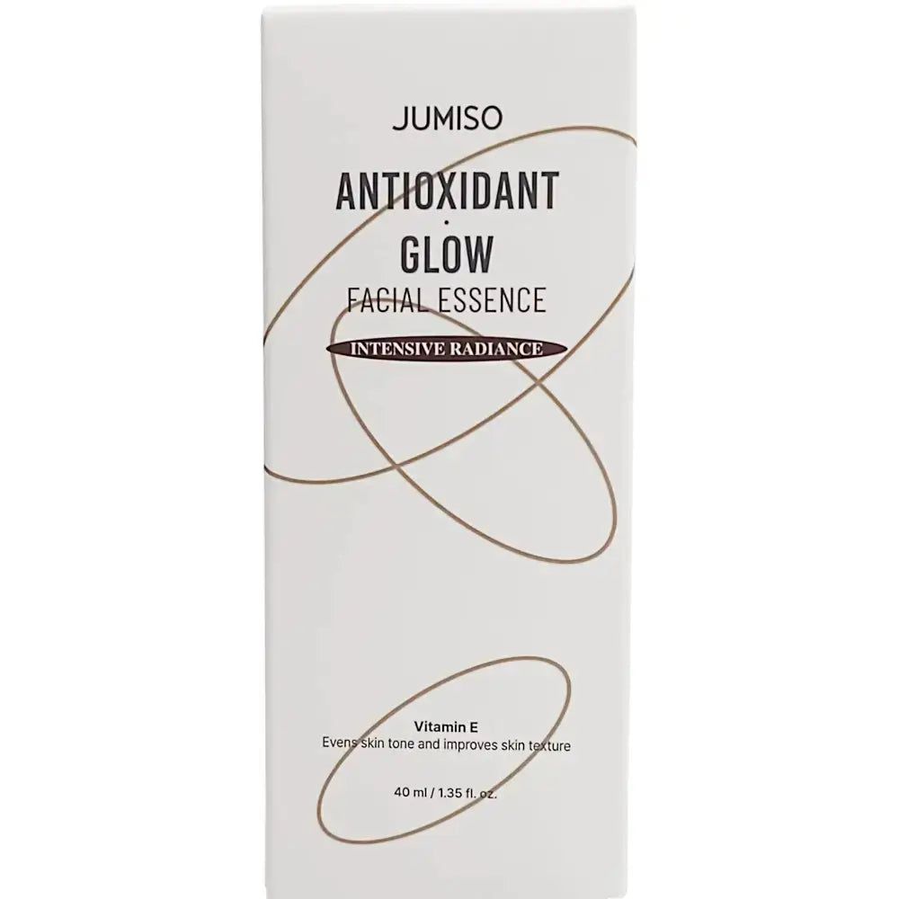 Vorderseite der JUMISO Antioxidant Glow Facial Essence Verpackung mit Produktinformationen.