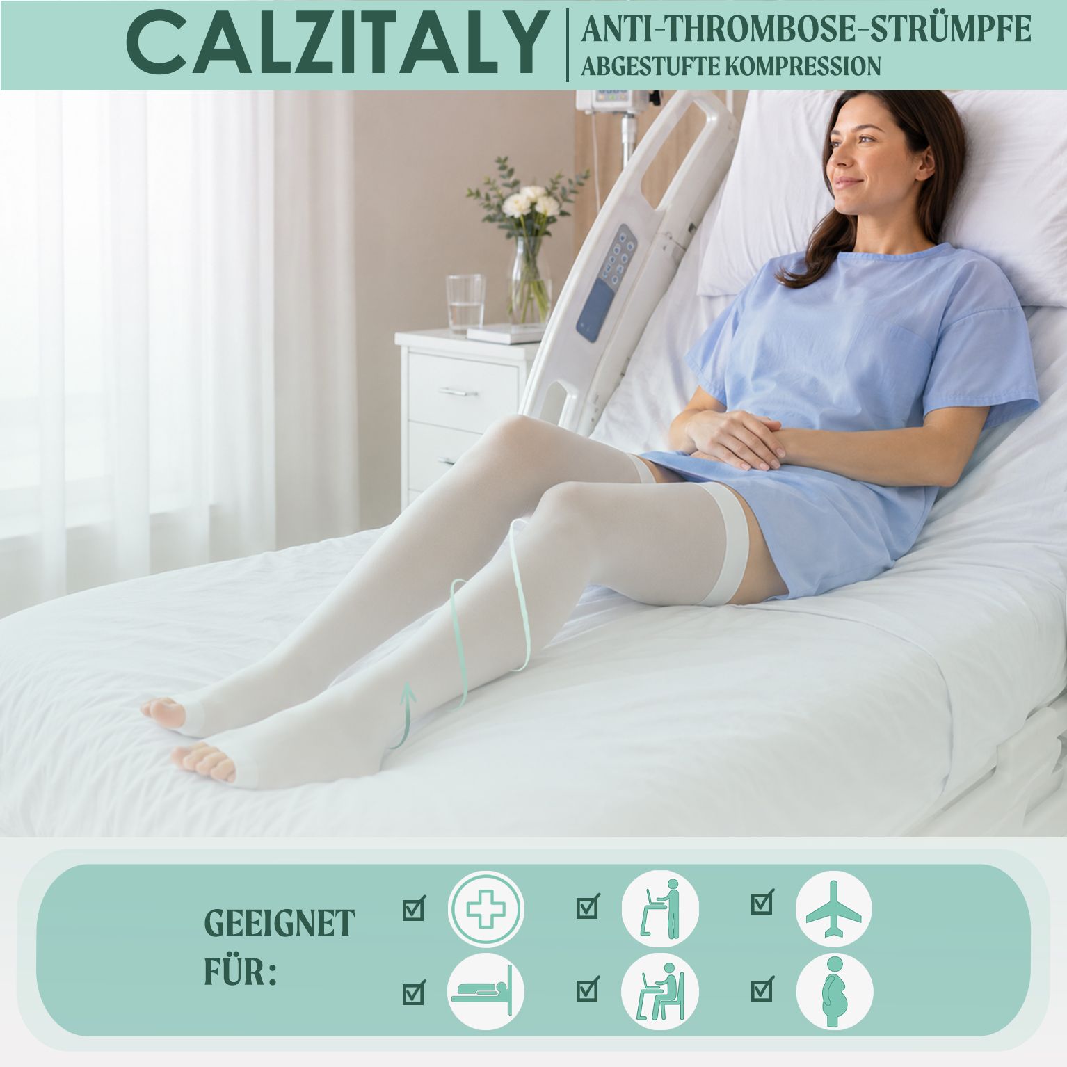 CALZITALY Anti-Thrombose halterlose Strümpfe, offene Spitze, starke Kompression, Made in Italy