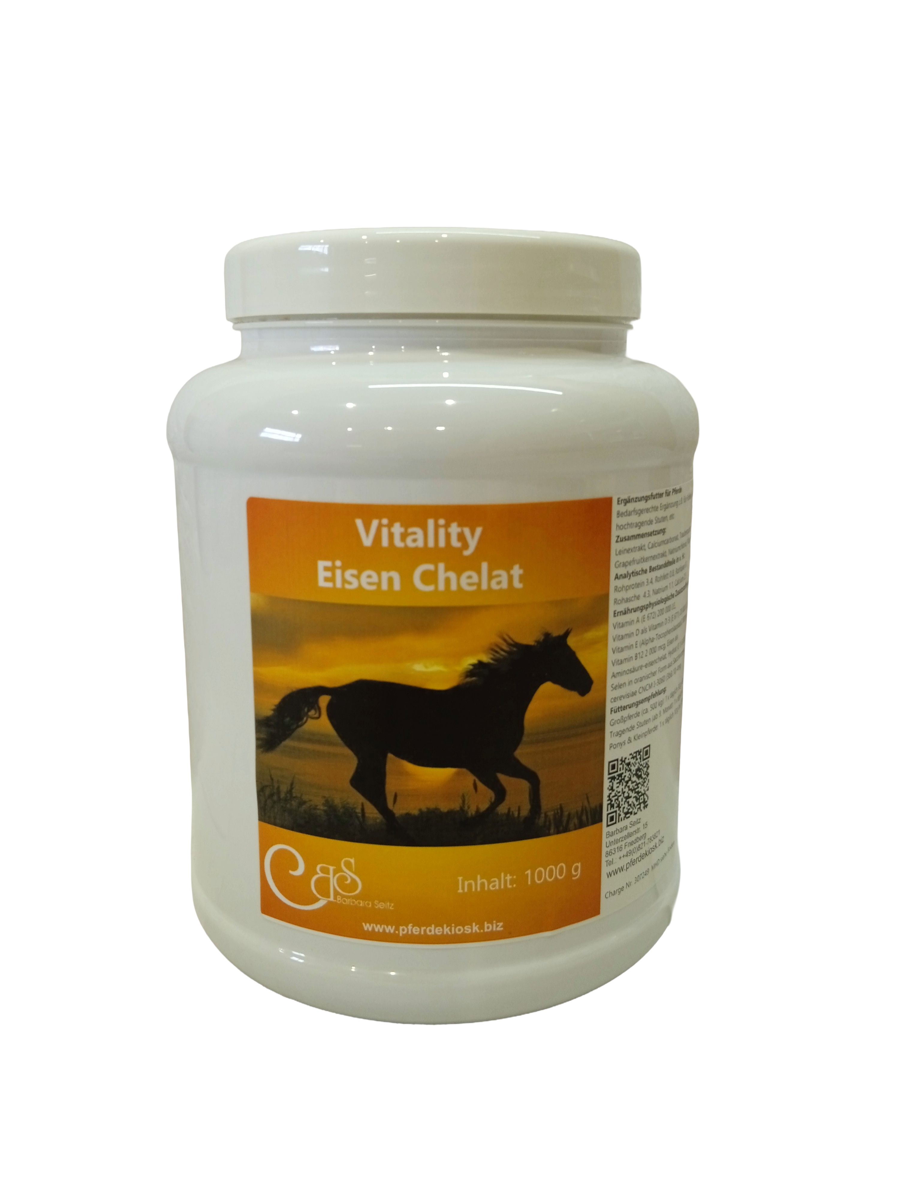 Weißer Behälter mit Vitality Eisen Chelat Aufkleber und einem laufenden Pferd. Inhalt 1000 g.