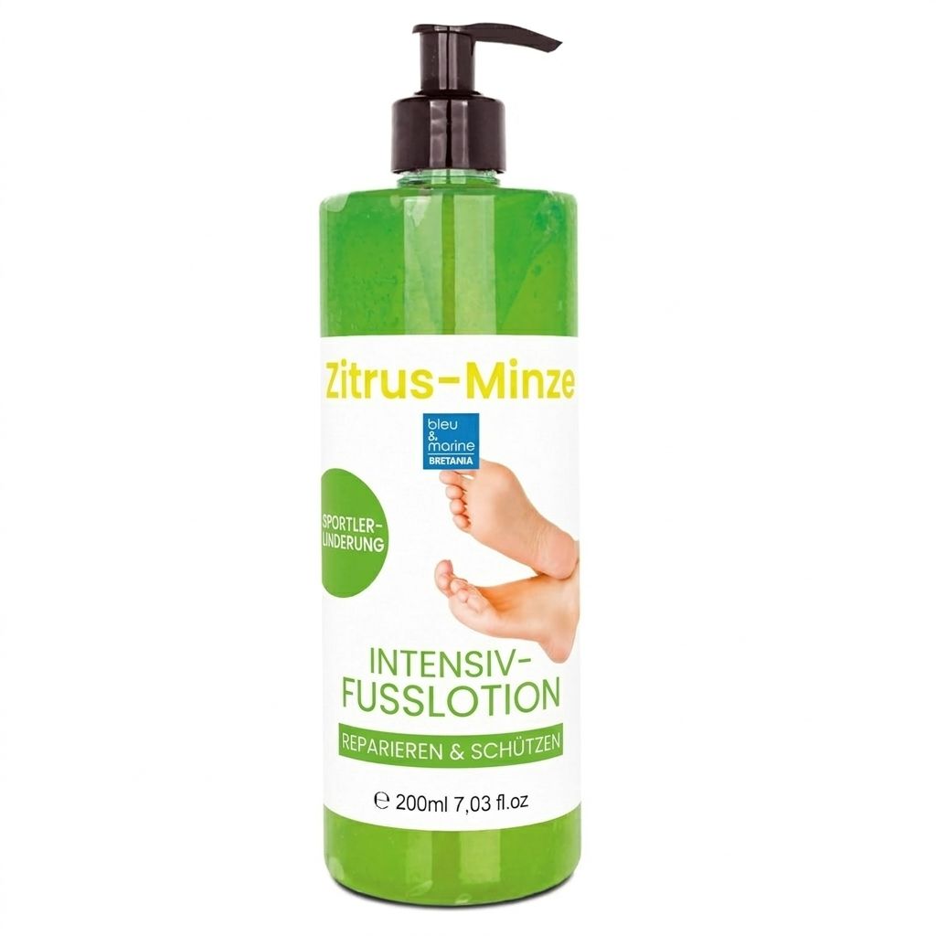 Grüne Flasche mit Spender. Aufschrift: Zitrone-Minze, Intensiv-Fußlotion. Logo: bleu & marine Bretania. Abbildung: Füße.