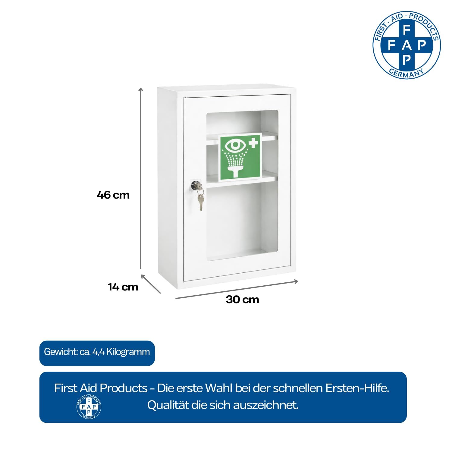 FAP First Aid Products Augenspülschrank leer - Sichtfenster, Metall, abschließbar - 46 x 30 x 14 cm