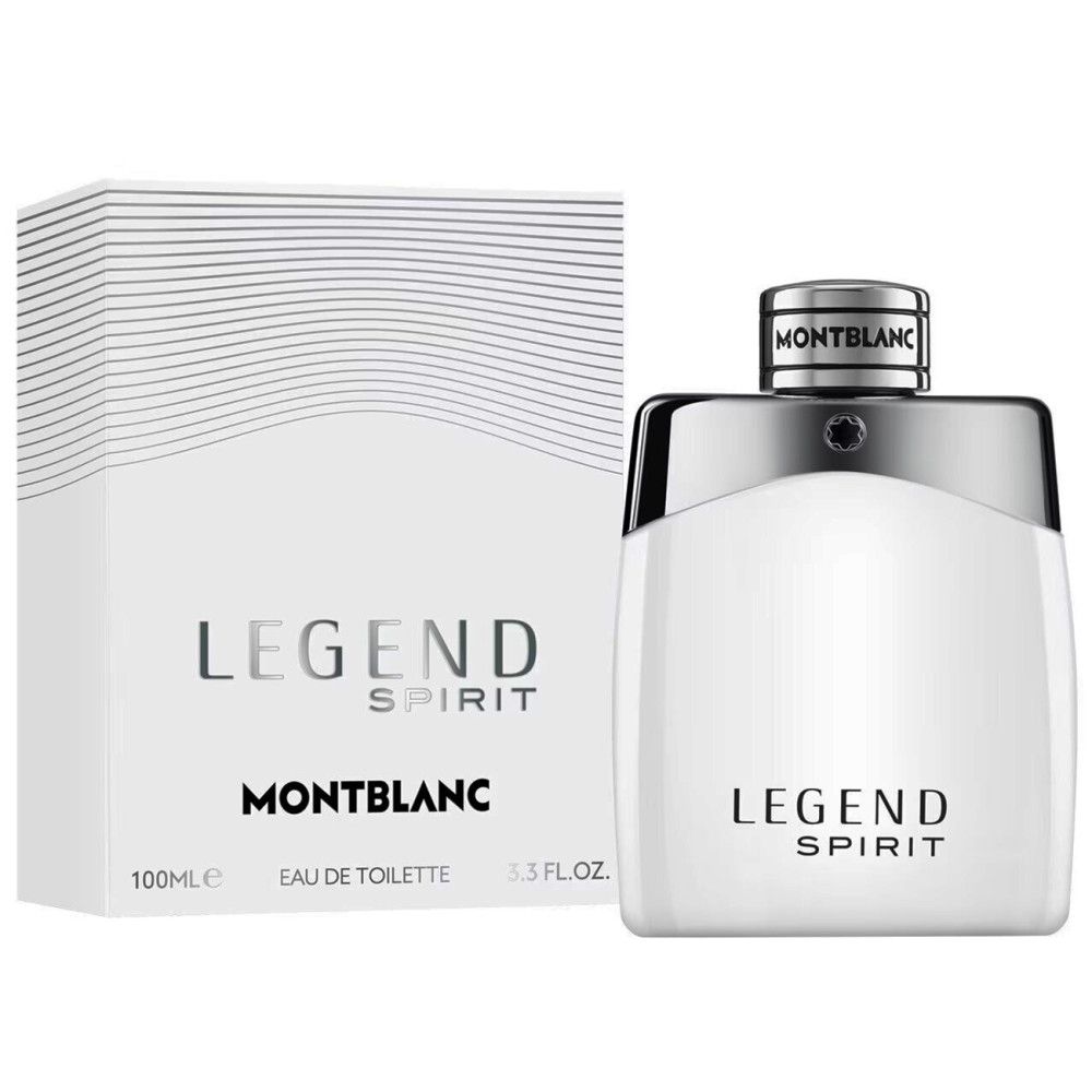 Weißes Eau de Toilette Legend Spirit von Montblanc. Flakon und Verpackung. Flakon mit silbernem Verschluss. Verpackung mit Schriftzug Legend Spirit.