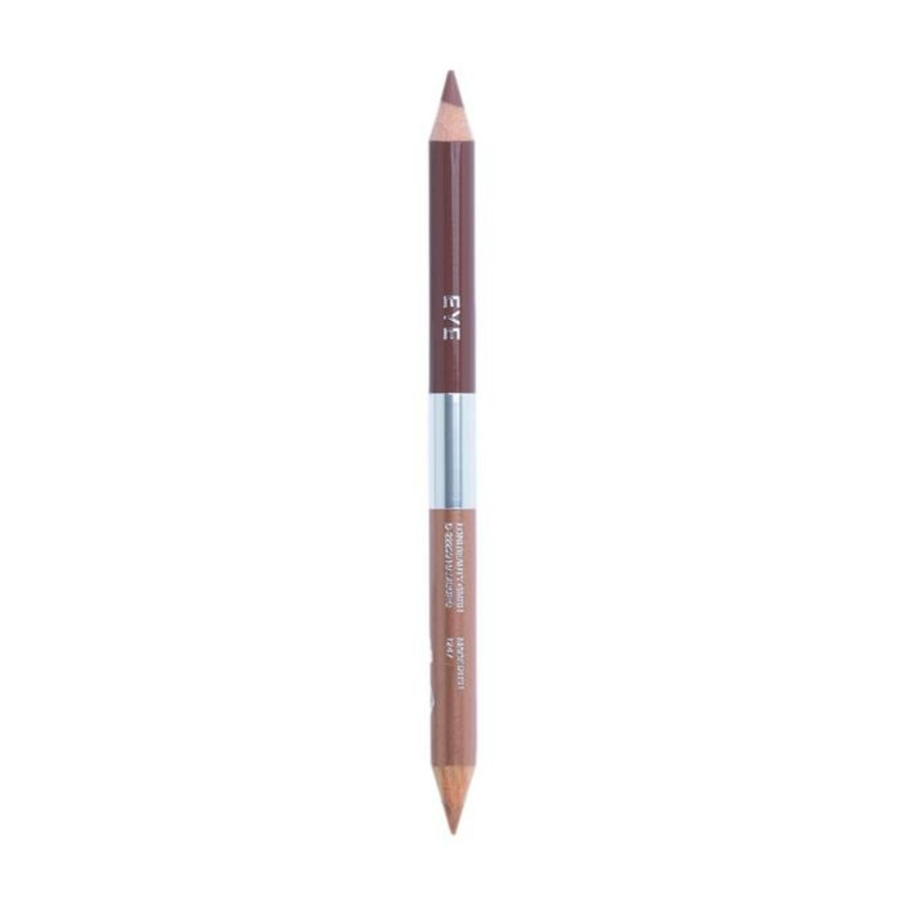 Doppel-Augenstift. Ein Ende ist braun, das andere hellbraun. Zwischen den Stiften befindet sich ein silberner Ring. Auf dem Stift steht "EYE".