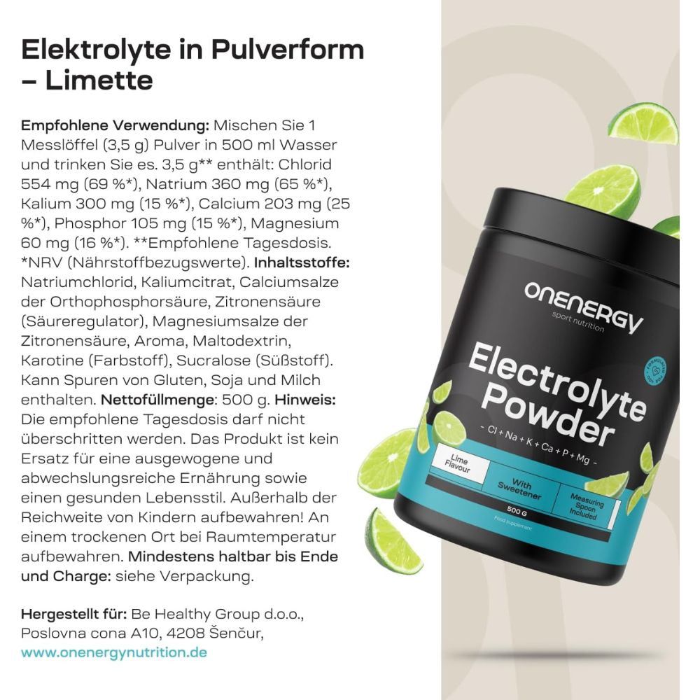 Dose "ONEENERGY Electrolyte Powder" mit Text. Limettenstücke. Text mit Inhaltsangaben und Nährwerten.