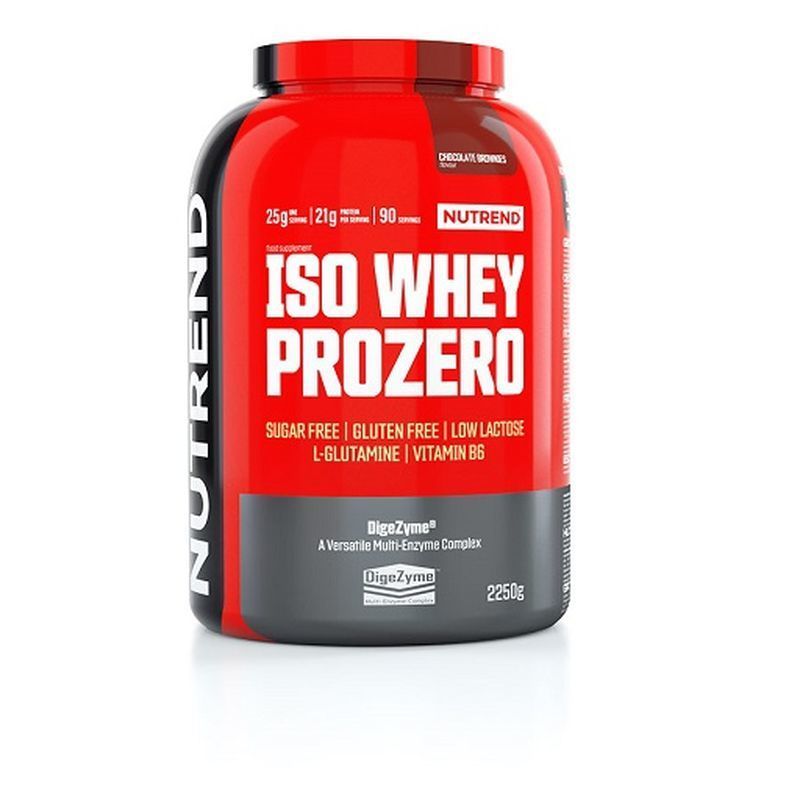 Rote Dose mit weißer Aufschrift ISO WHEY PROZERO. Enthält Zucker-, Gluten- und Laktose-freie Inhaltsstoffe. Marke NUTREND.